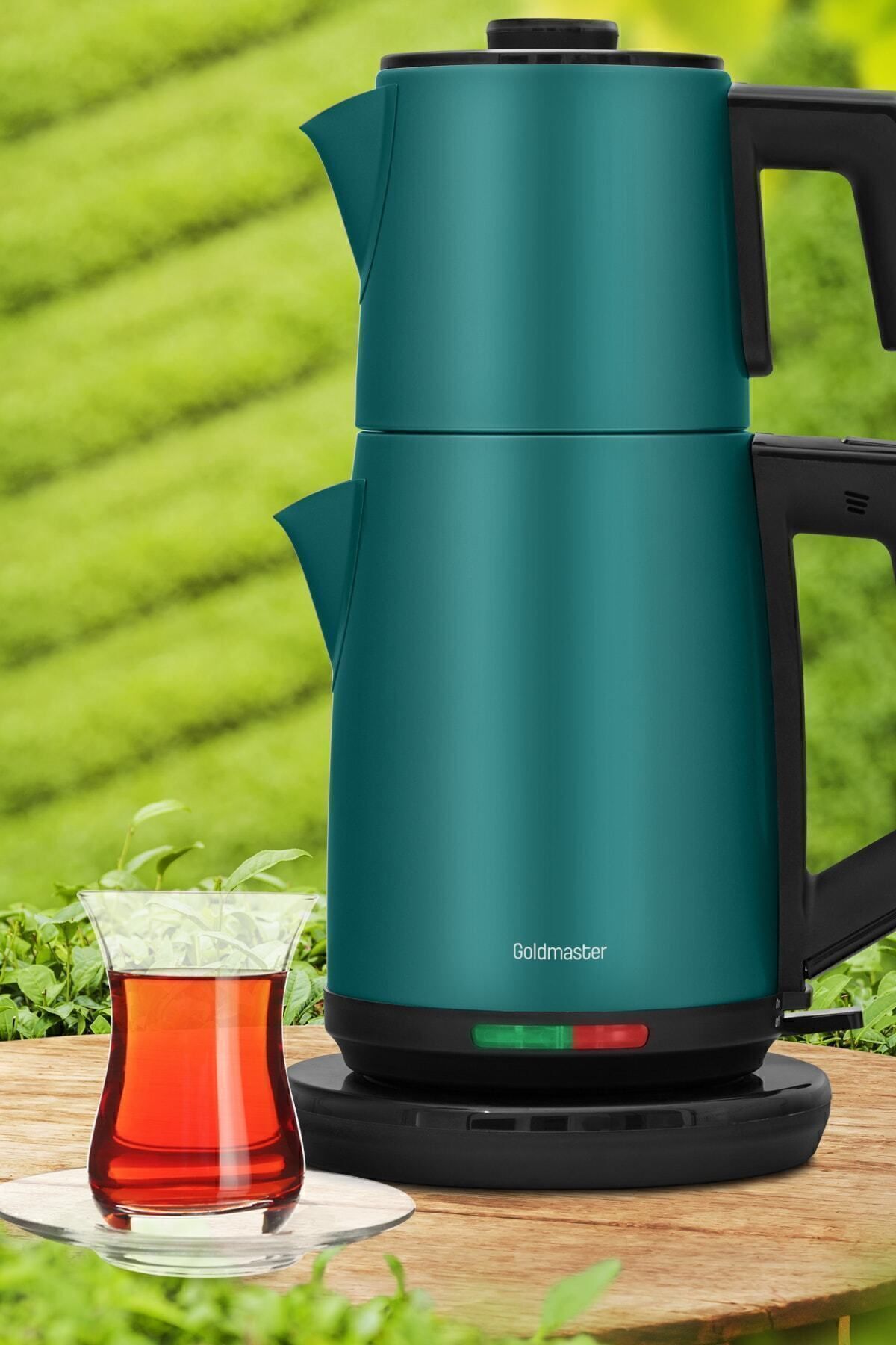 چای ساز و کتری استیل طرح بدون چکه AKASYA GREEN XL 2200 وات ثبت اختراع اورجینال GoldMaster
