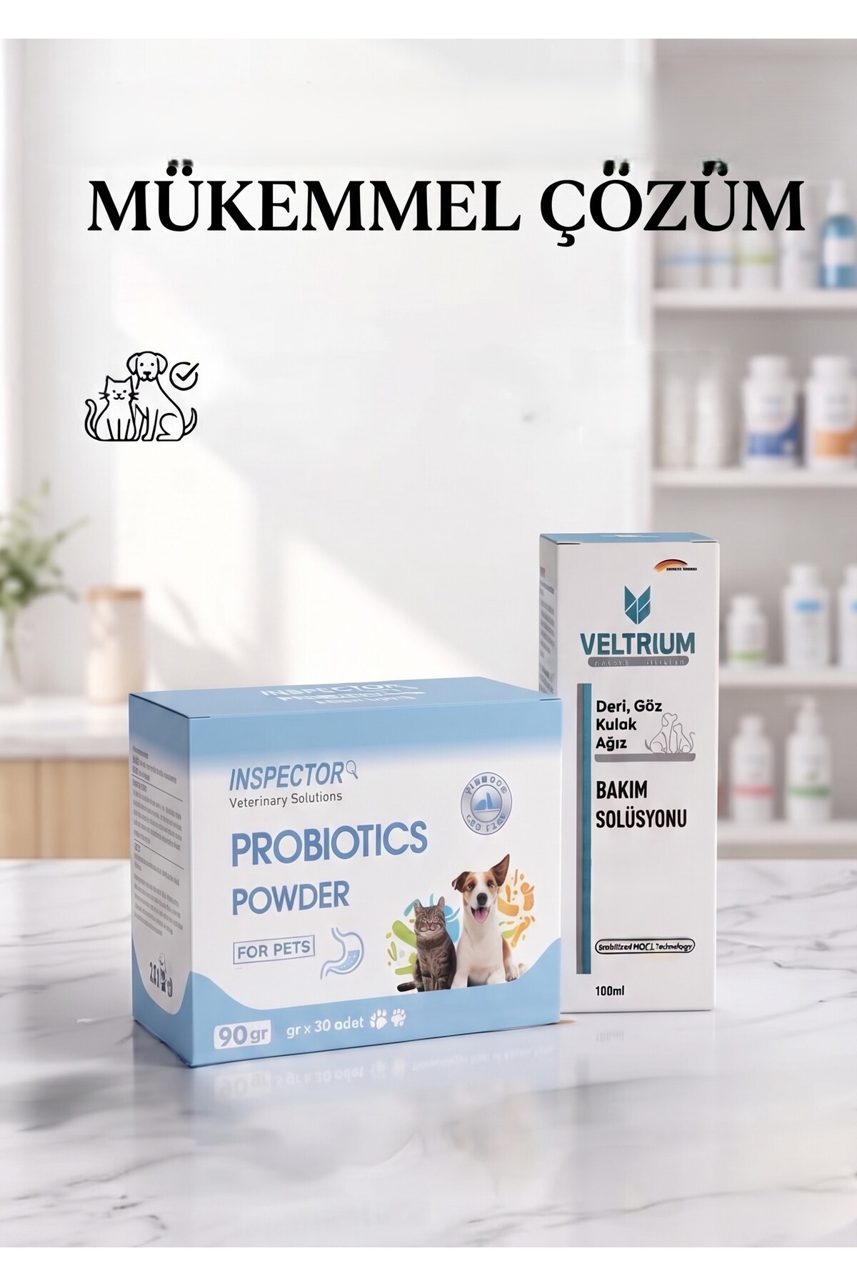 پودر مکمل گوارشی و پروبیوتیک سگ وداوت Vedavet INSPECTOR به‌همراه محلول مراقبتی VELTRIUM