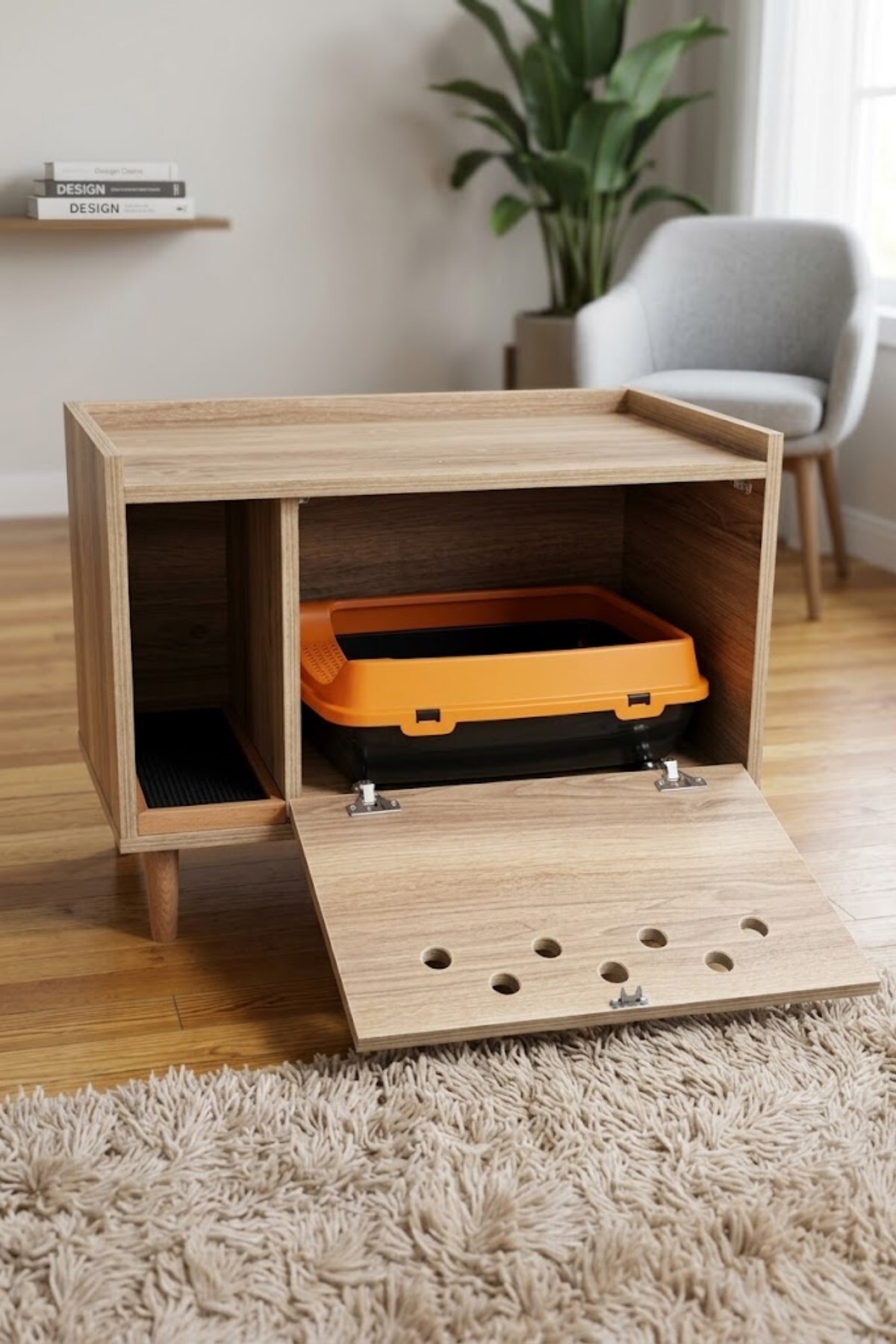 کابینت توالت گربه ریو Reyo، سری Pet Luna، MDF گردویی سوراخ‌دار پایه‌دار