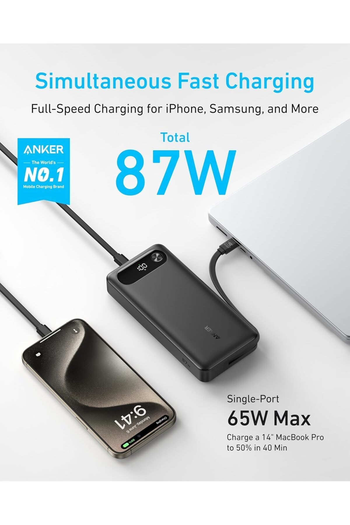 پاوربانک 20000 میلی آمپر ساعت 87 وات کابل USB C داخلی مشکی A1383 اورجینال Anker