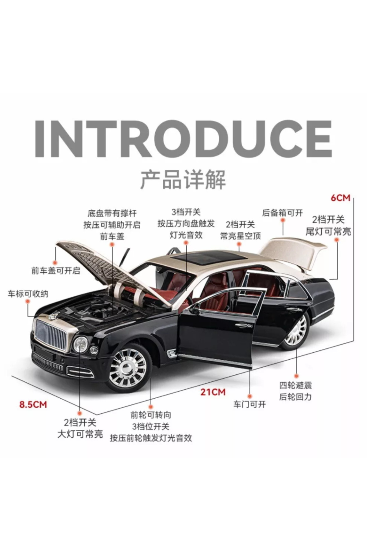 مدل خودرو BENTLY 1:24 DIECAST METAL MODEL CAR COLLECTION WITH SOUND AND LIGHT 21 CM MULSANNE اورجینال scntoys