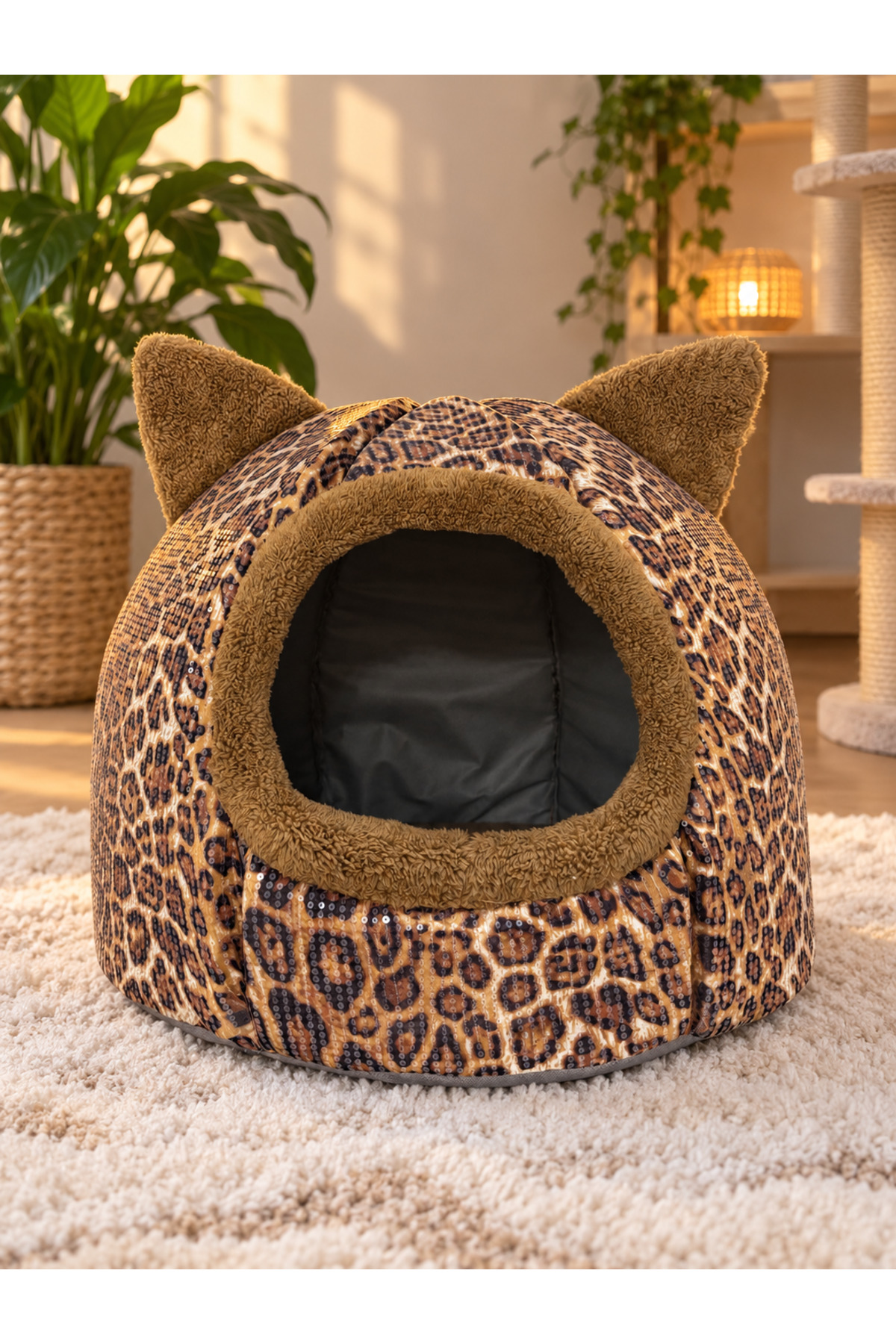 جای خواب گربه و سگ طرح پلنگی، رنگ اکرو، ولورا پت شاپ Velora Pet Shop، مدل leopar-123