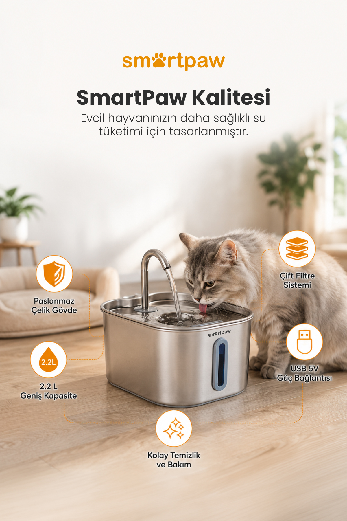 آب‌نمای آب‌خوری گربه اسمارت‌پا SMARTPAW Aqua Prime، مدل pwl148b، ۲٫۲ لیتری، استیل ضدزنگ 304 با نشانگر LED
