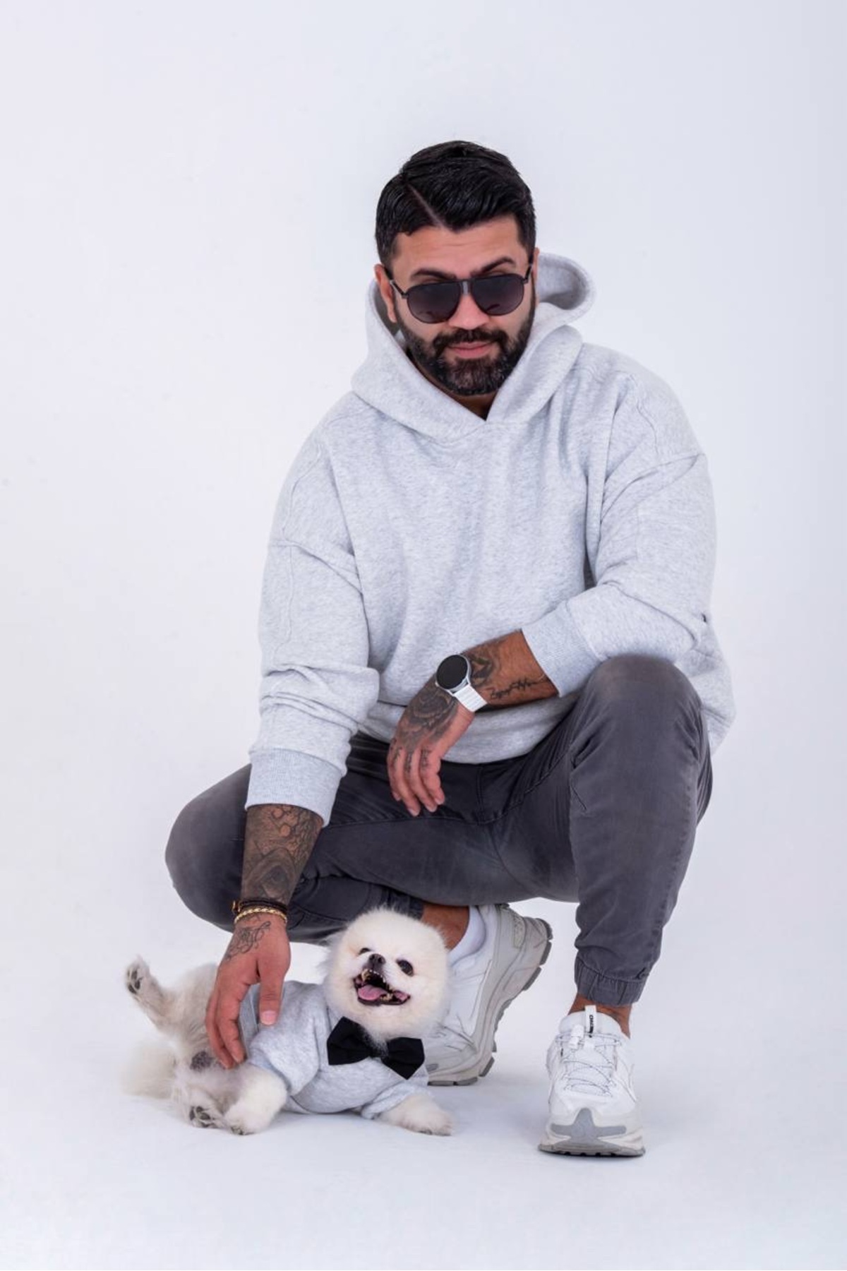ست سویشرت کلاه‌دار هماهنگ پا بوتیک Paw Butik برای خانم، آقا و حیوان خانگی، طوسی، سایز S/M (حیوان خانگی S)