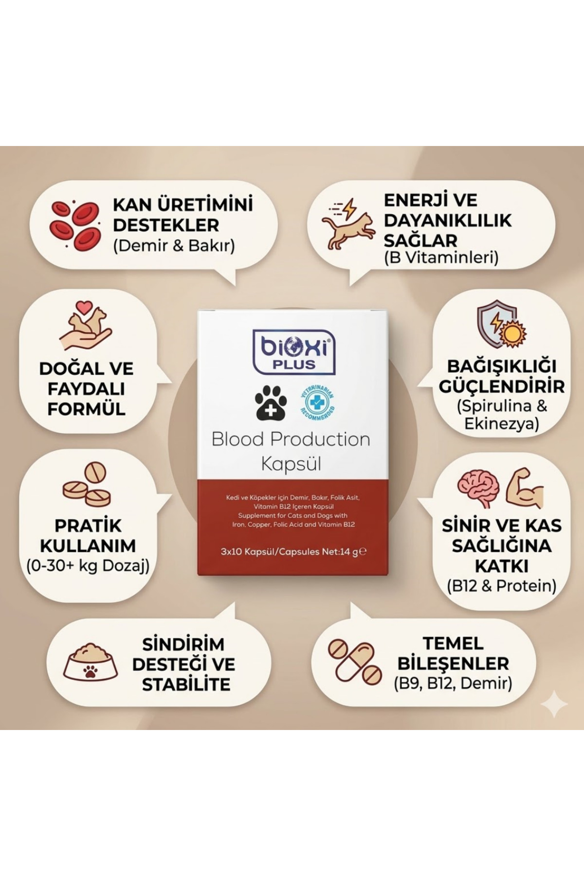 کپسول مکمل گربه و سگ بیوکسی Bioxi حاوی آهن، ویتامین B12 و اسید فولیک