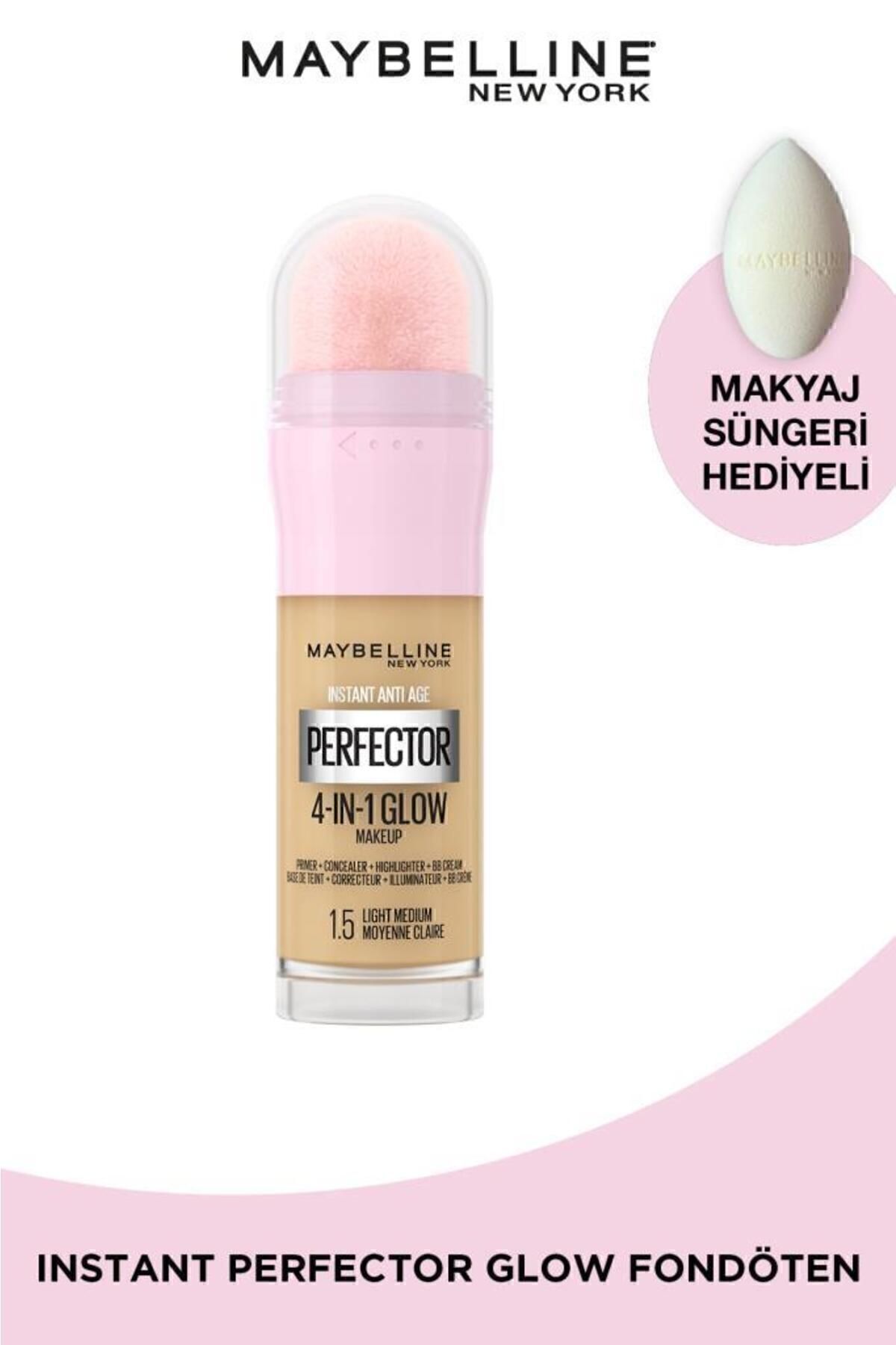 کرم پودر PERFECTOR GLOW 4 IMPACT 1 FOUNDATION 1.5 LIGHT MEDIUM &amp; MAKEUP SPONGE Maybelline New York