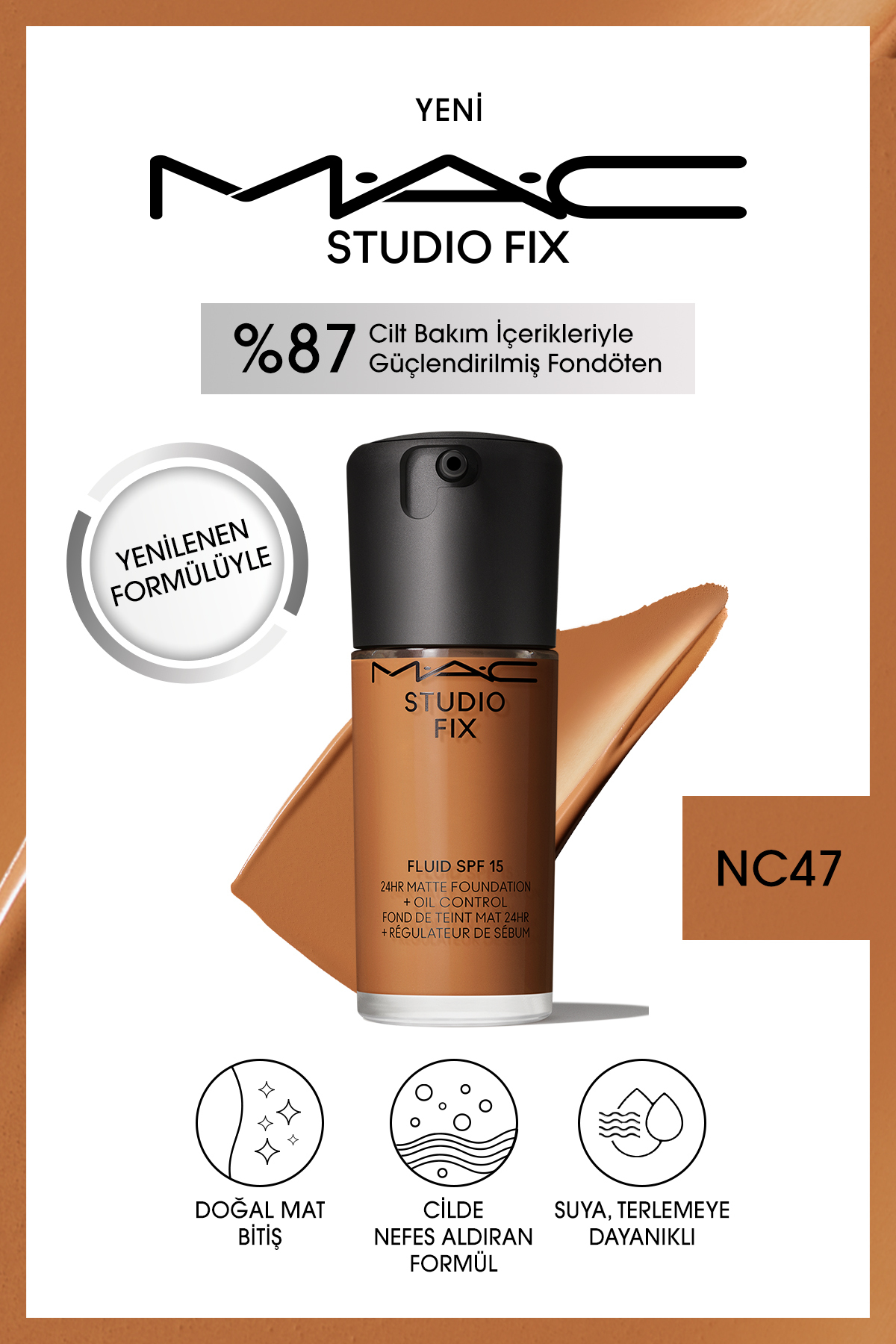 کرم پودر بنیاد دائمی مت تا 24 ساعت استودیو رفع سیال SPF15 رنگ: NC47 30ML Mac