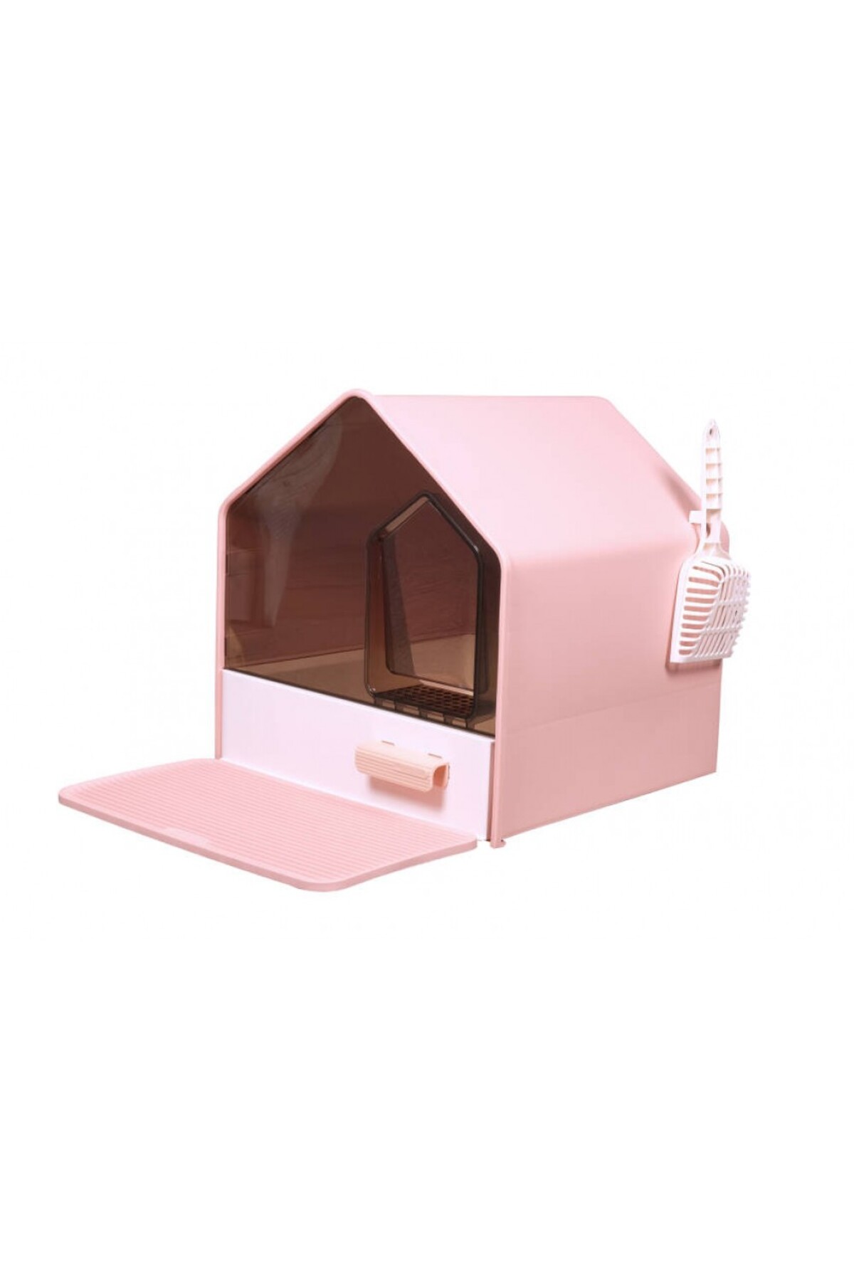 توالت سرپوشیده گربه پتس هوم PETS HOME Lüks Villa مدل MSP-110، کشودار با پاد و بیلچه، پلاستیکی، صورتی، ۴۶×۴۱×۴۶ سانتی‌متر