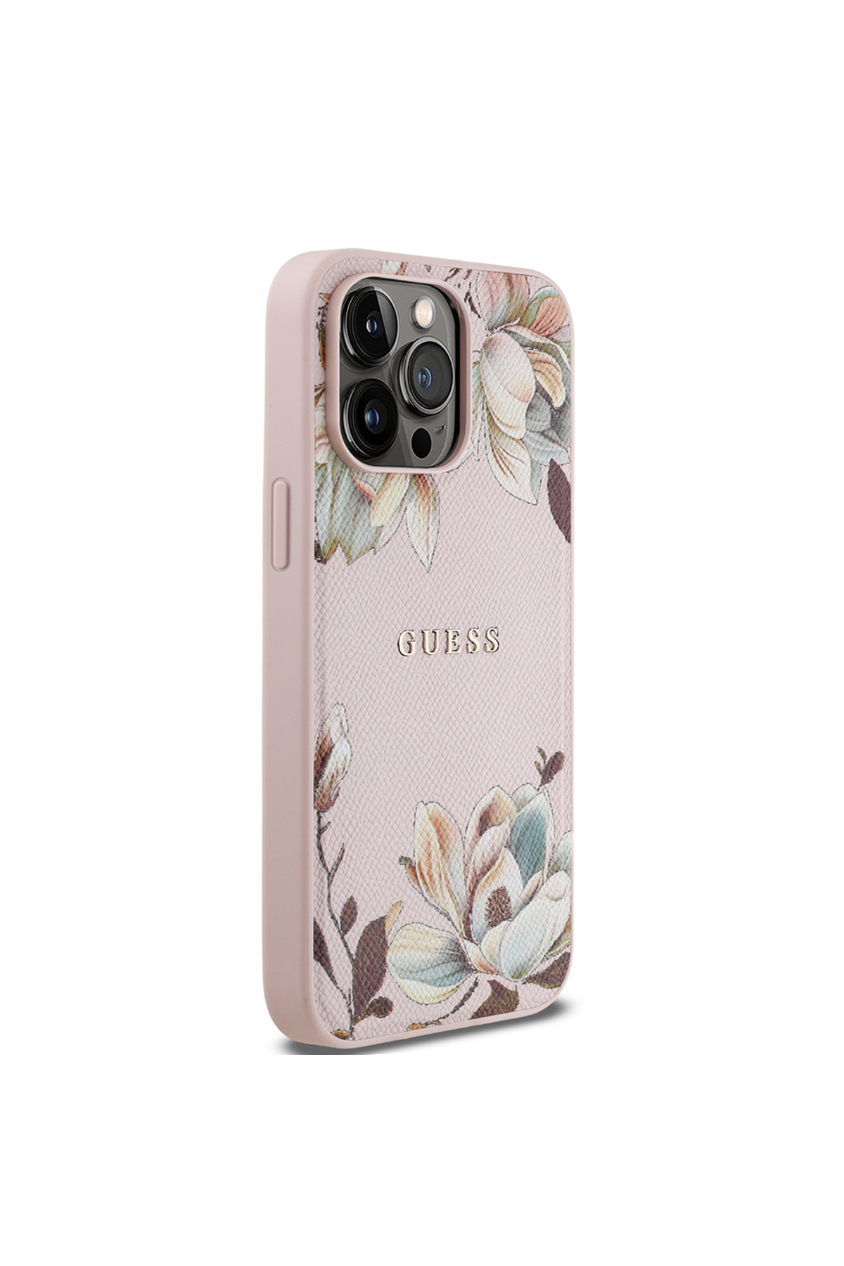 کاور و قاب سازگار با IPHONE 14 PRO MAX GUESS دارای مجوز M SAFE ویژه طرح گل دانه‌دار فلزی صورتی اورجینال Guess