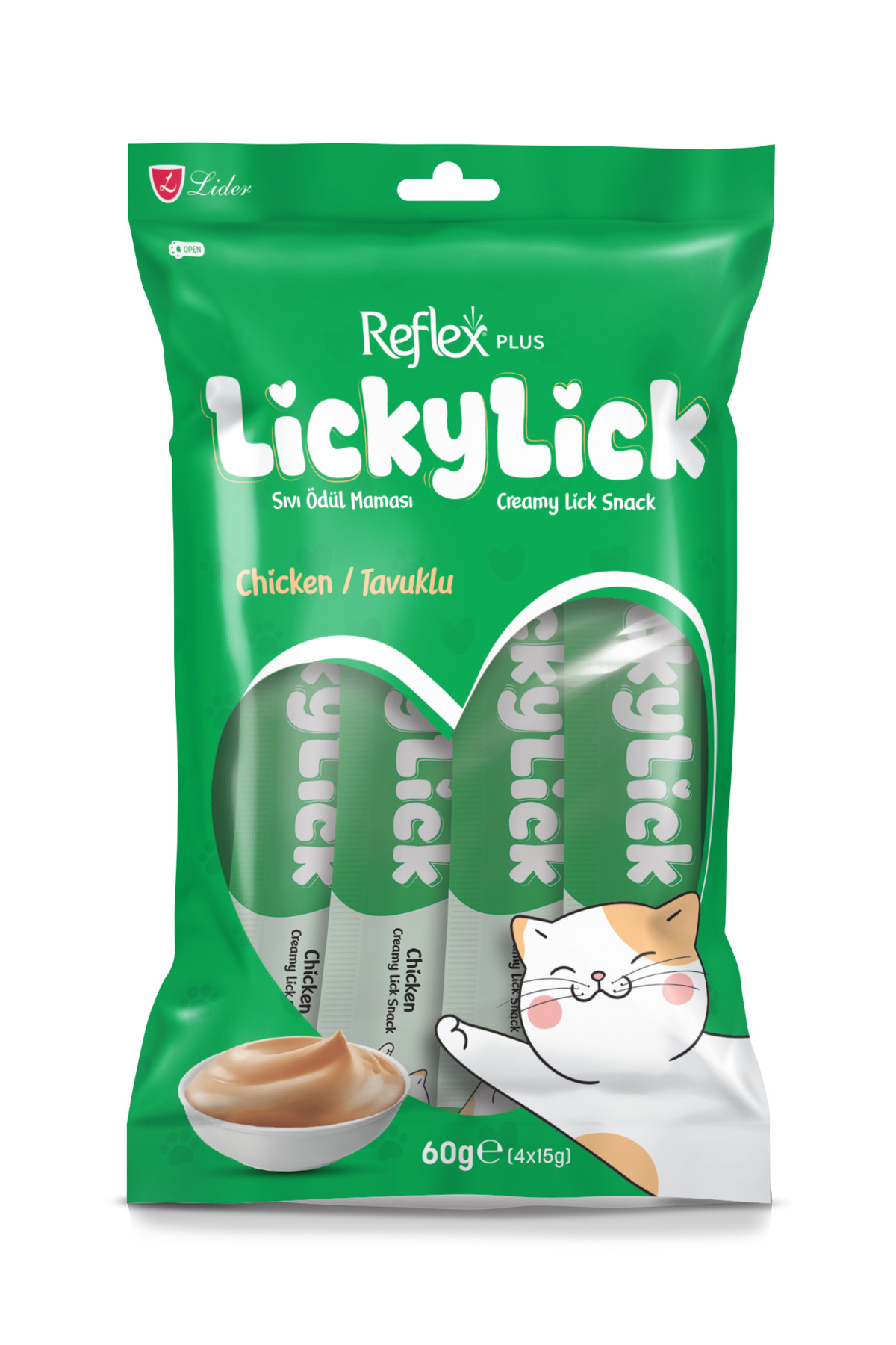 تشویقی کرمی گربه رفلکس Reflex Plus LickyLick با طعم مرغ، ۶۰ گرم (۴ × ۱۵ گرم)