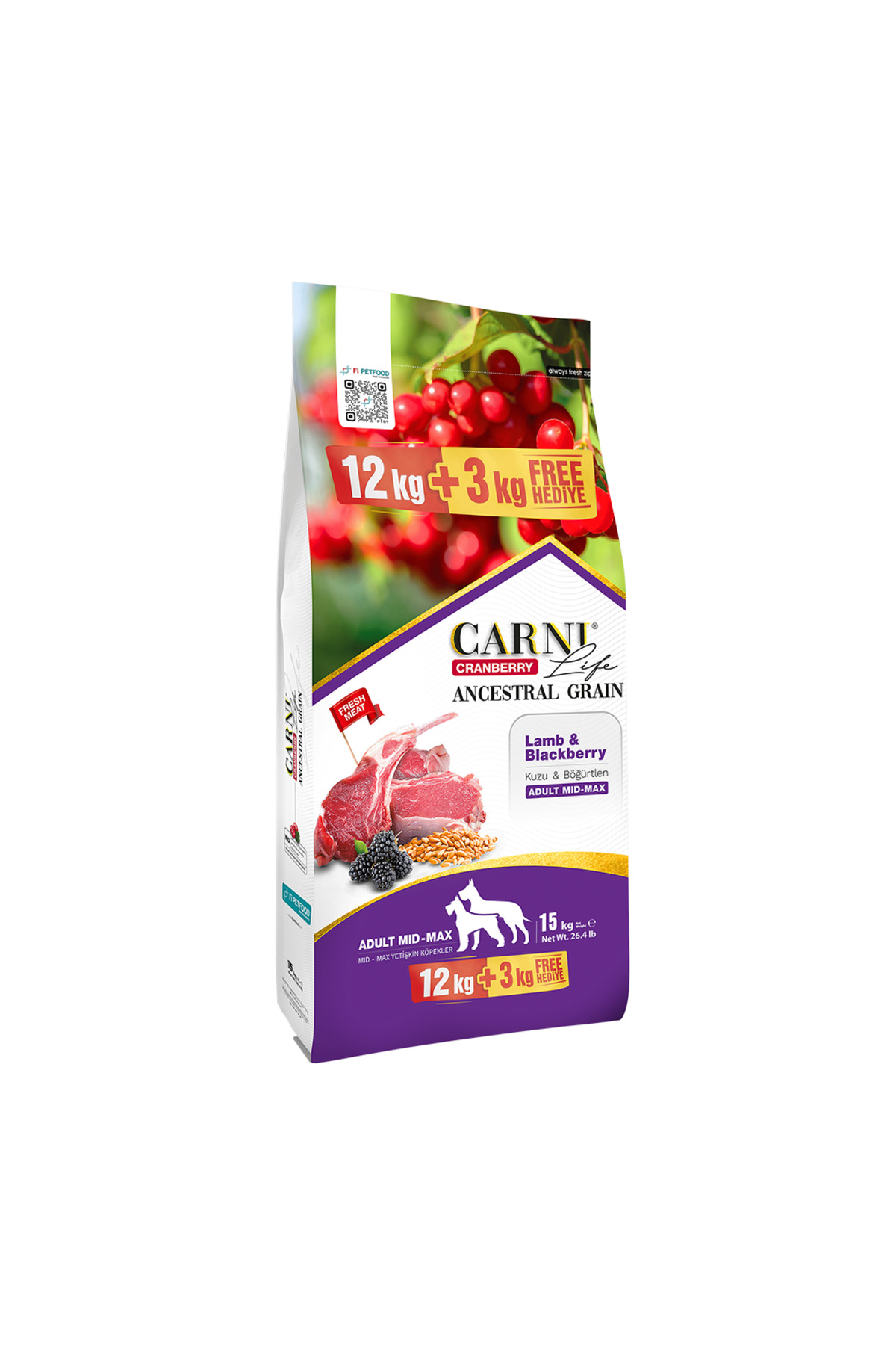 غذای خشک سگ کم‌غله با گوشت بره و تمشک سیاه کارنی لایف Carni Life 3 Kg