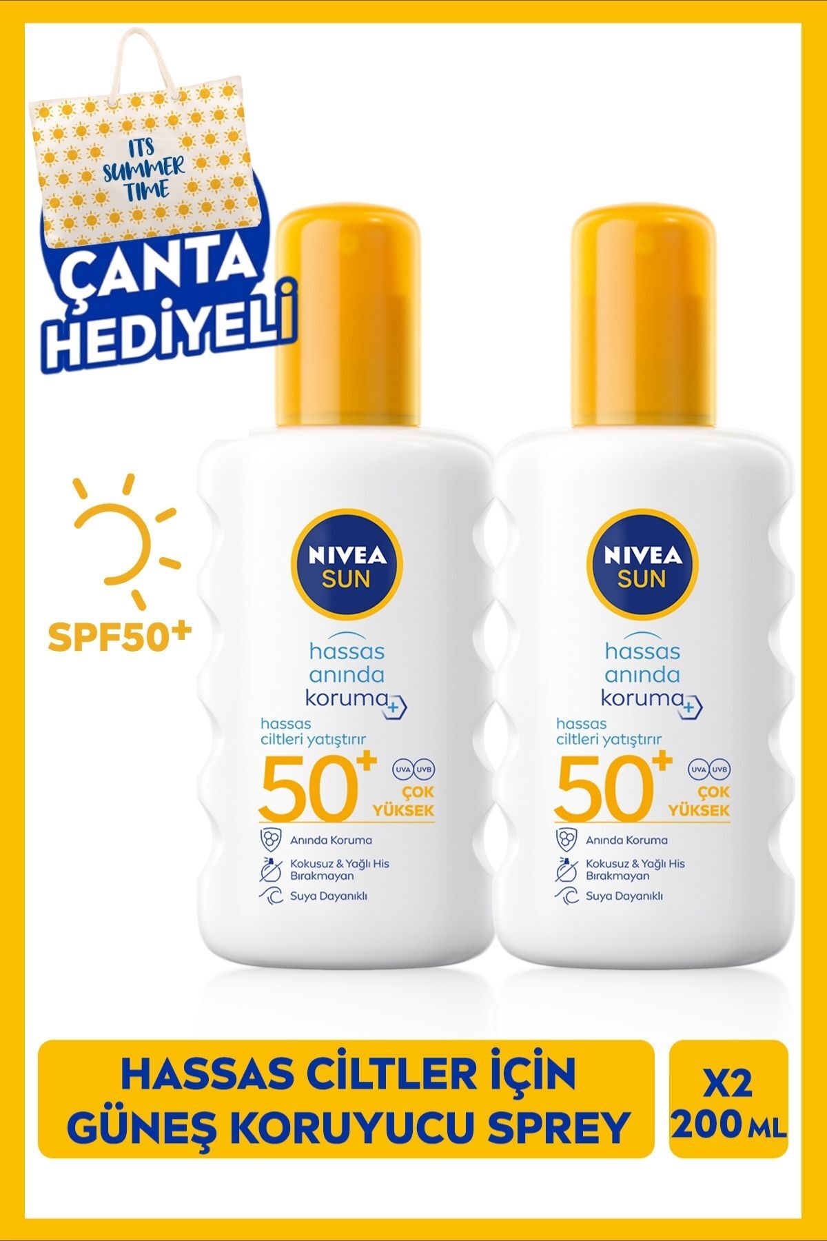 NIVEA ضدآفتاب SPF 50+ حساس محافظت فوری کرم آفتاب 200 میلی لیتر اسپری، کیف پلاژ هدیه
