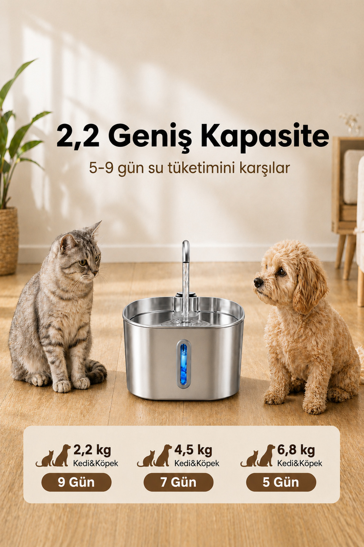 آبخوری فواره‌ای استیل سگ و گربه پاویوس PAWIOS، ظرفیت ۲٫۲ لیتر، مدل S15-A 2.2 L
