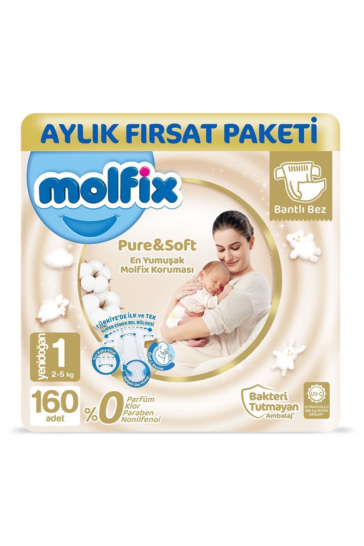 پوشک بچه سایز 1 نوزاد خالص و نرم بسته فرصت ماهانه 160 عدد اورجینال Molfix