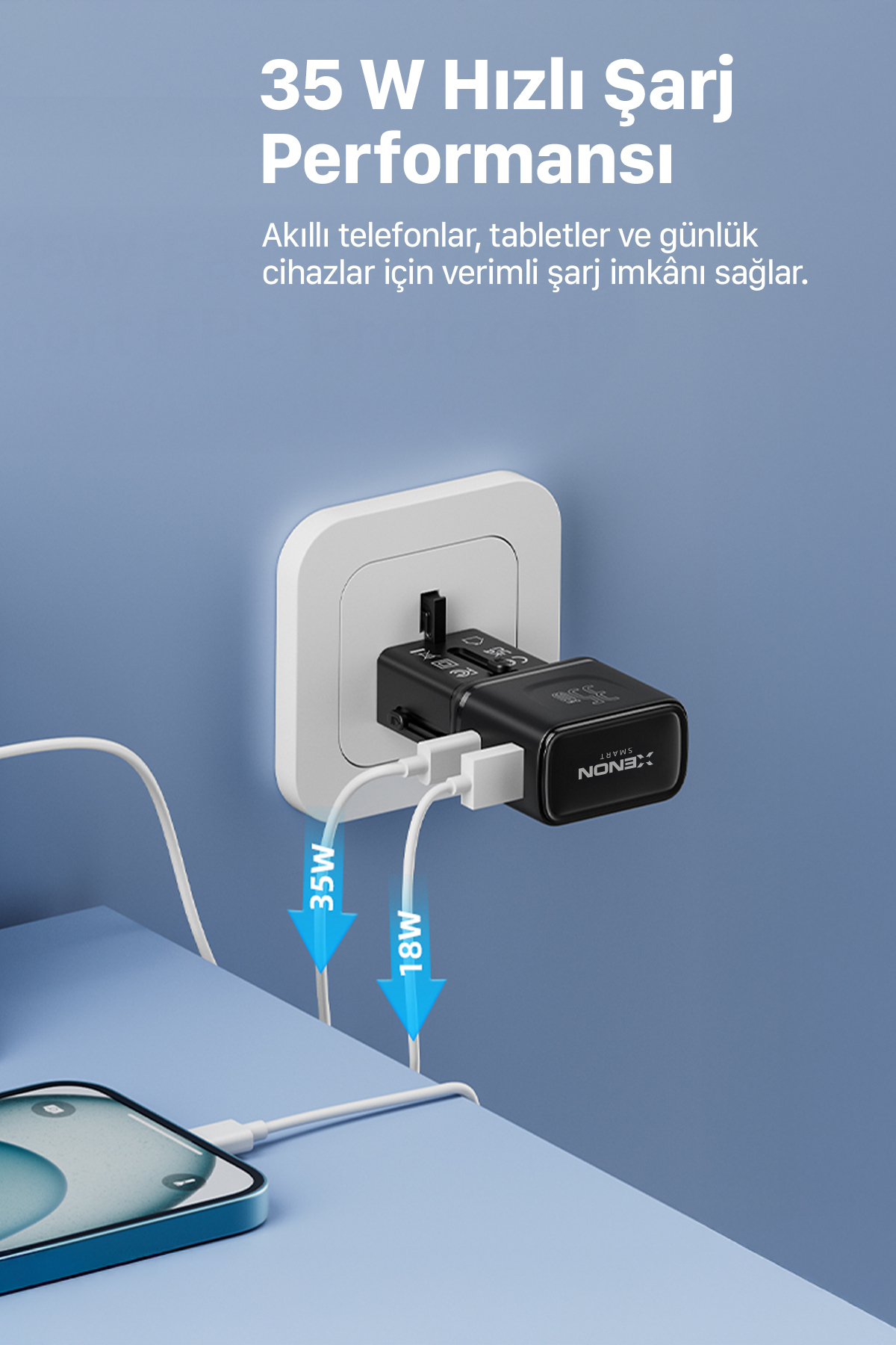 مبدل برق مسافرتی زنون اسمارت Xenon Smart مدل X6407، شارژ سریع GaN با توان 35 وات، USB-C و USB-A سیاه