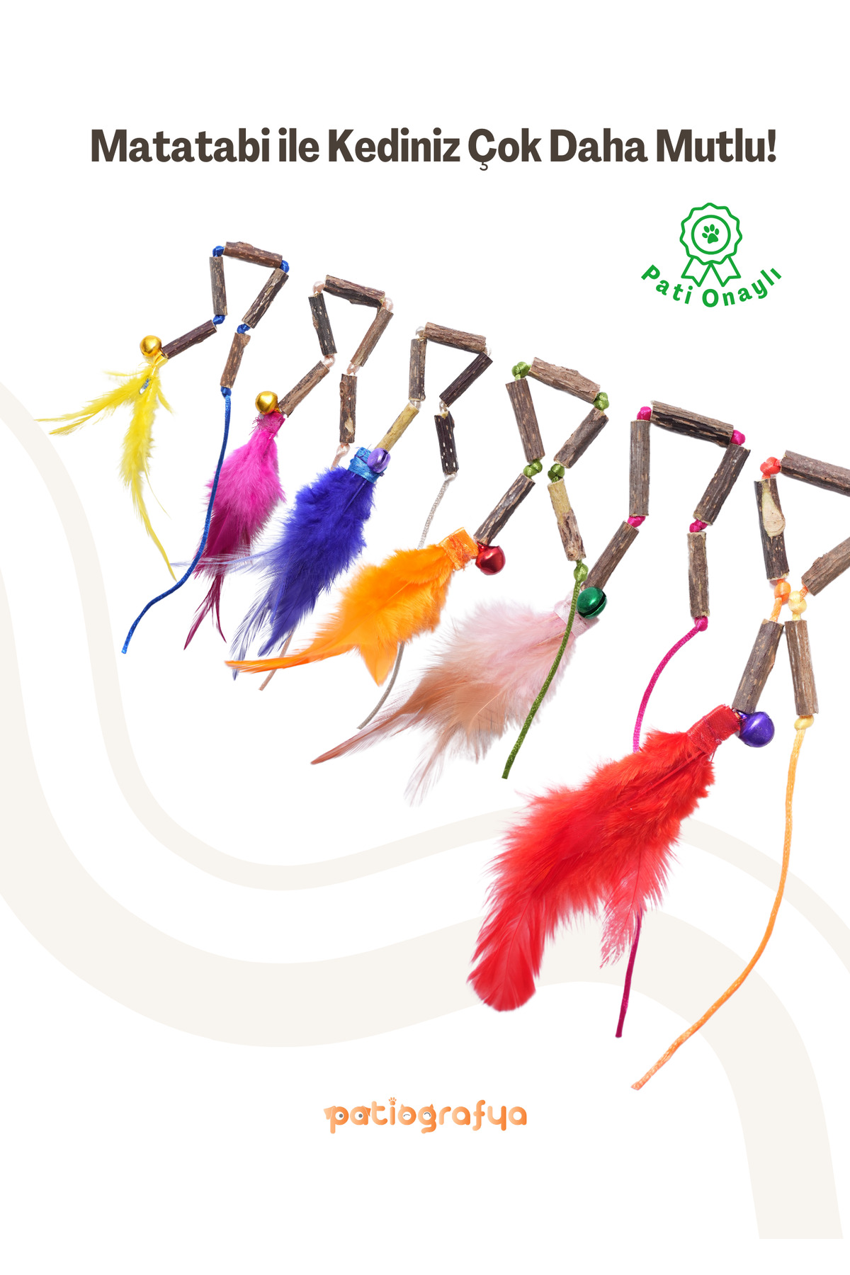 اسباب‌بازی جویدنی گربه پاتیوگرافیا patiografya، چوب ماتاتابی با نخ و پر، مدل GA10 چندرنگ