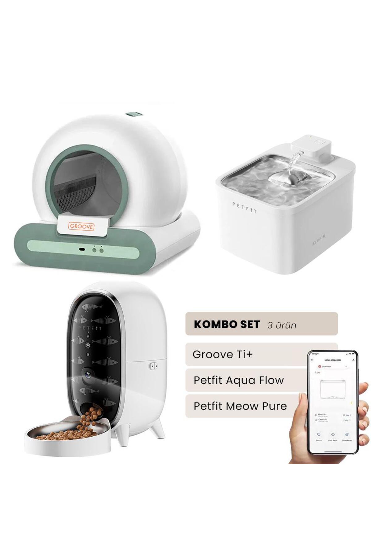 ست توالت گربه هوشمند خودکار سبز Groove Ti+ و آبخوری فواره‌ای هوشمند باتری‌دار Aqua Flow، پت‌فیت Petfit
