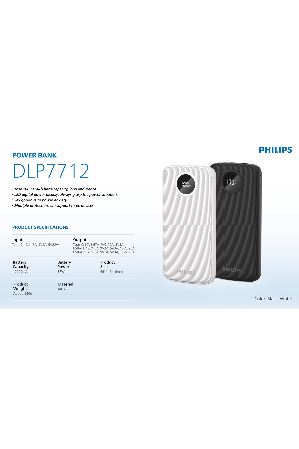 پاوربانک 10000 میلی آمپر ساعتی 3.7 ولت 3 پورت شارژ سریع 22.5 واتی USB C و 2X A محافظت شده DLP7712 اورجینال Philips