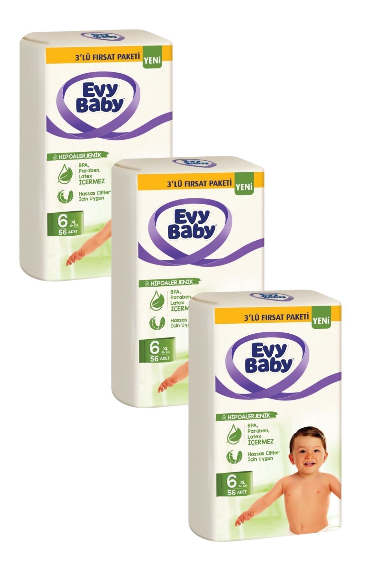 پوشک بچه سایز 6 XL 3 بسته پیشنهادی 15+ کیلوگرم 168 عدد جدید اورجینال Evy Baby