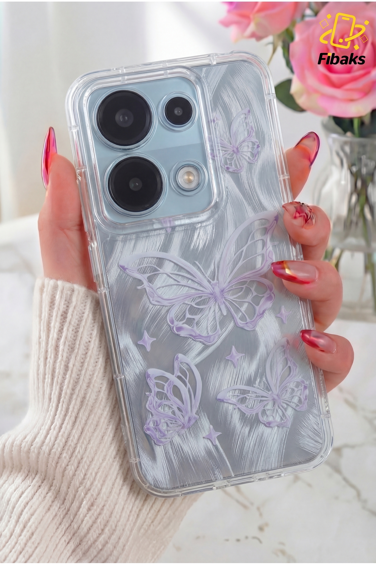 کاور و قاب REDMI NOTE 13 PRO 4G CASE قابل جابجایی دوربین محافظ براق هولوگرام الگوی پروانه ضربه گیر فیبکس Fibaks