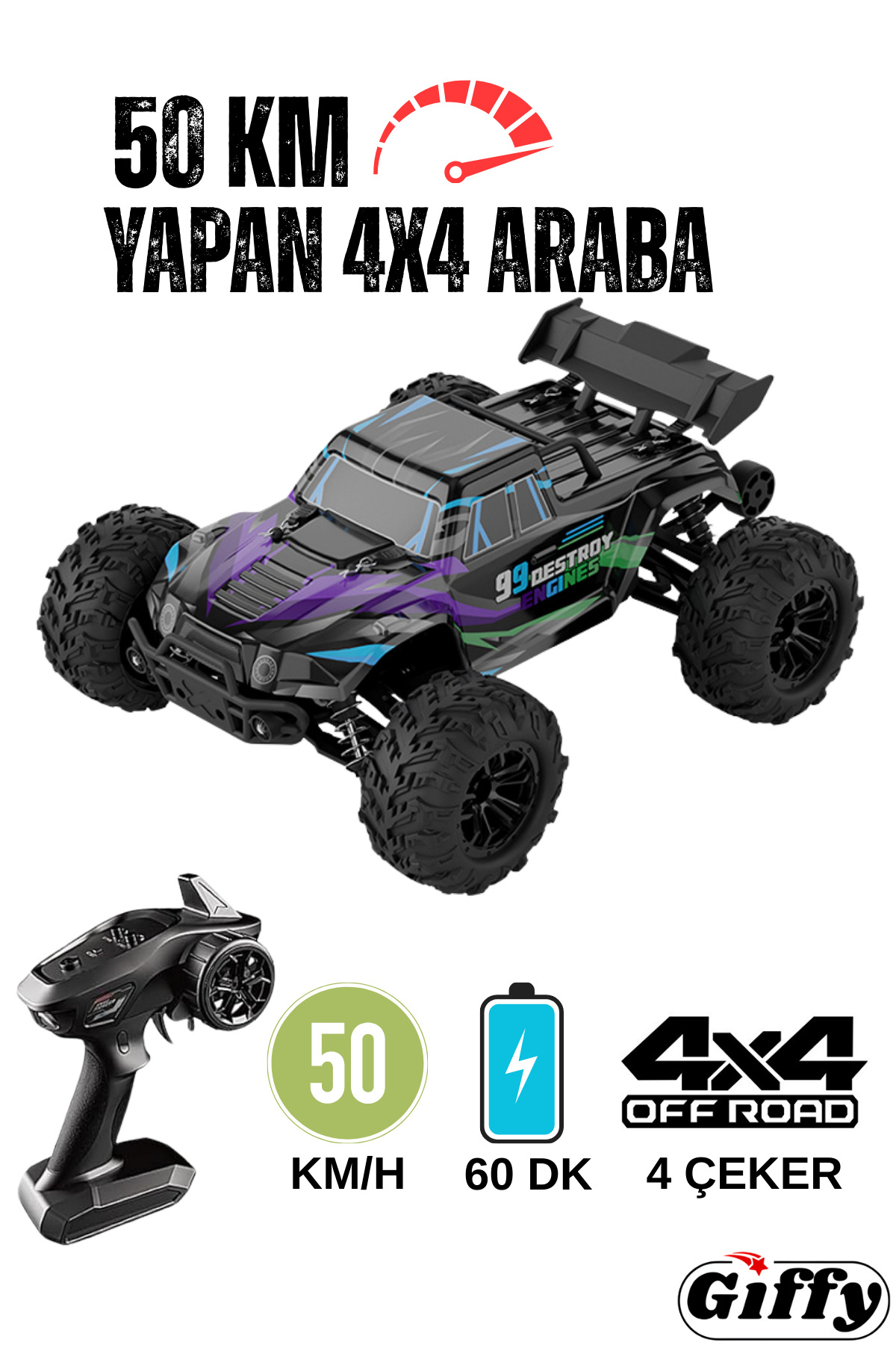 ریموت اسباب‌بازی ماشین با سرعت 50 کیلومتر 4X4 آفرود 1300 MAH جیپ چرخ بالا شارژی از ترکیه giffy