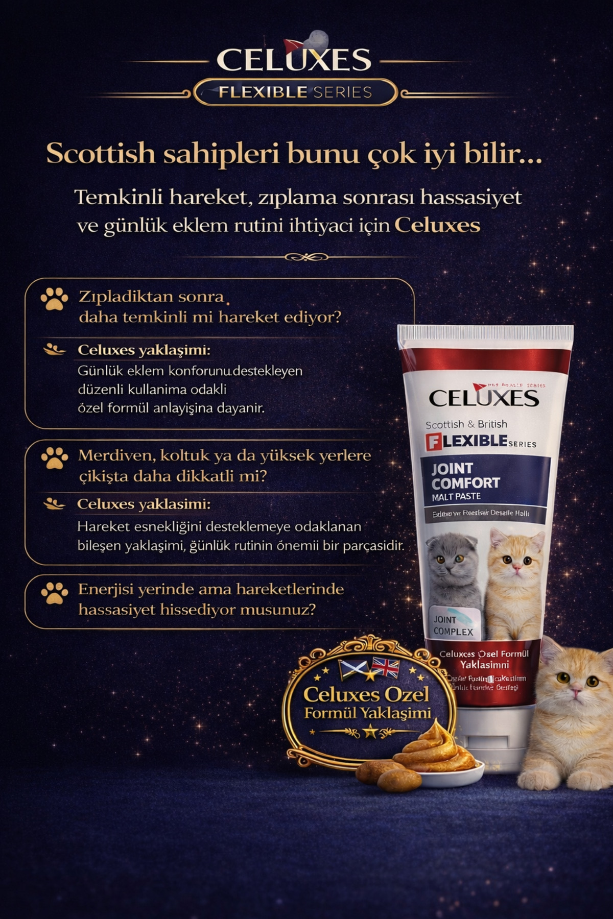 خمیر مالت گربه سلوکسز CELUXES Flexible Joint Comfort، ۱۰۰ گرم، اسکاتیش و بریتیش