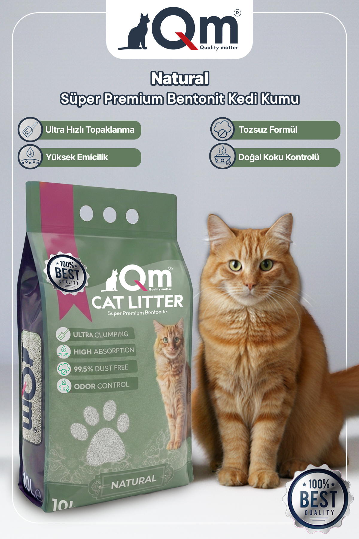 خاک گربه بنتونیتی کلامپینگ کیو ام QM Natural Super Premium، ۱۰ لیتری