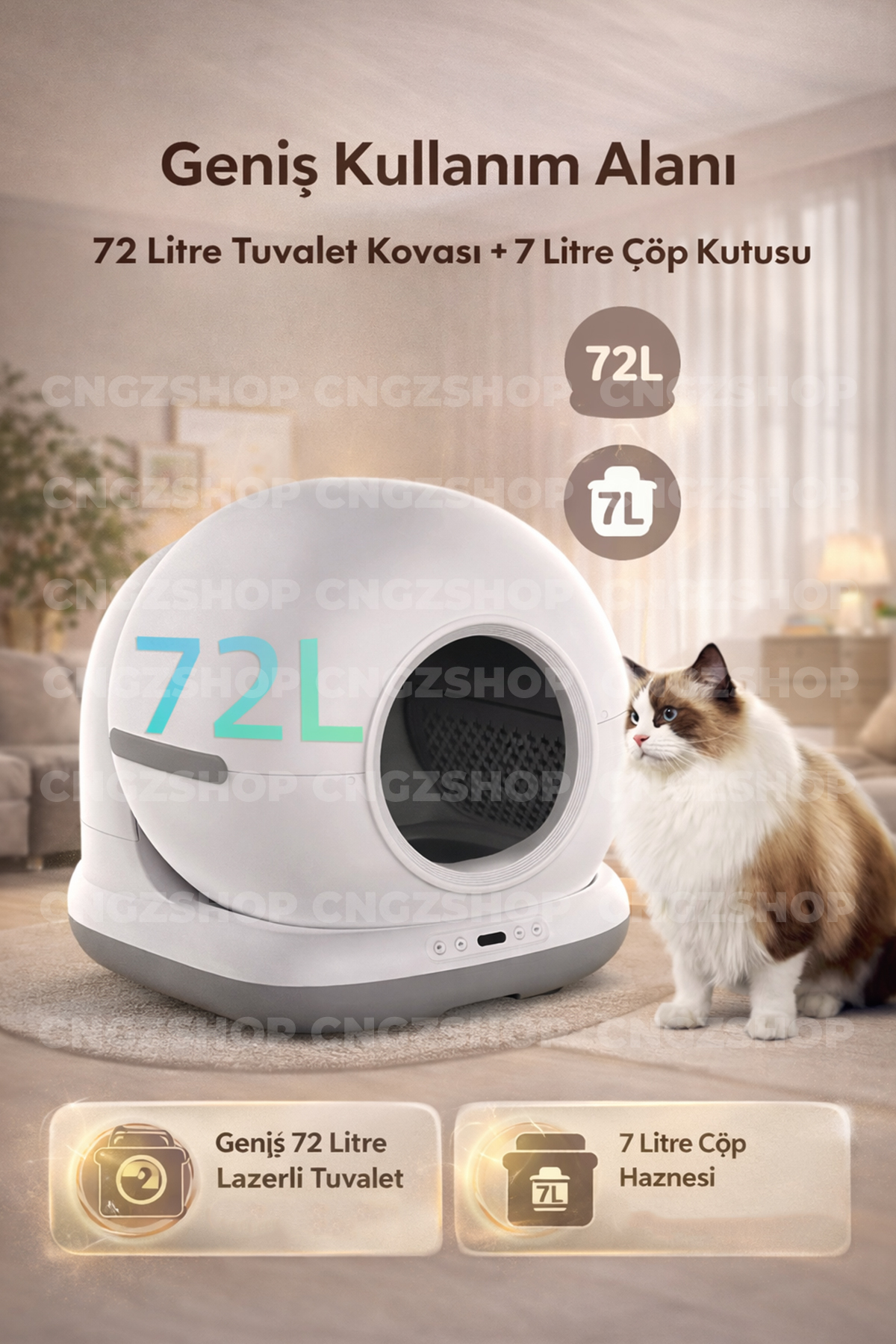 توالت هوشمند خودکار گربه سی‌ان‌جی‌زد‌شاپ CNGZSHOP، چندرنگ، با دوربین و کنترل اپلیکیشن