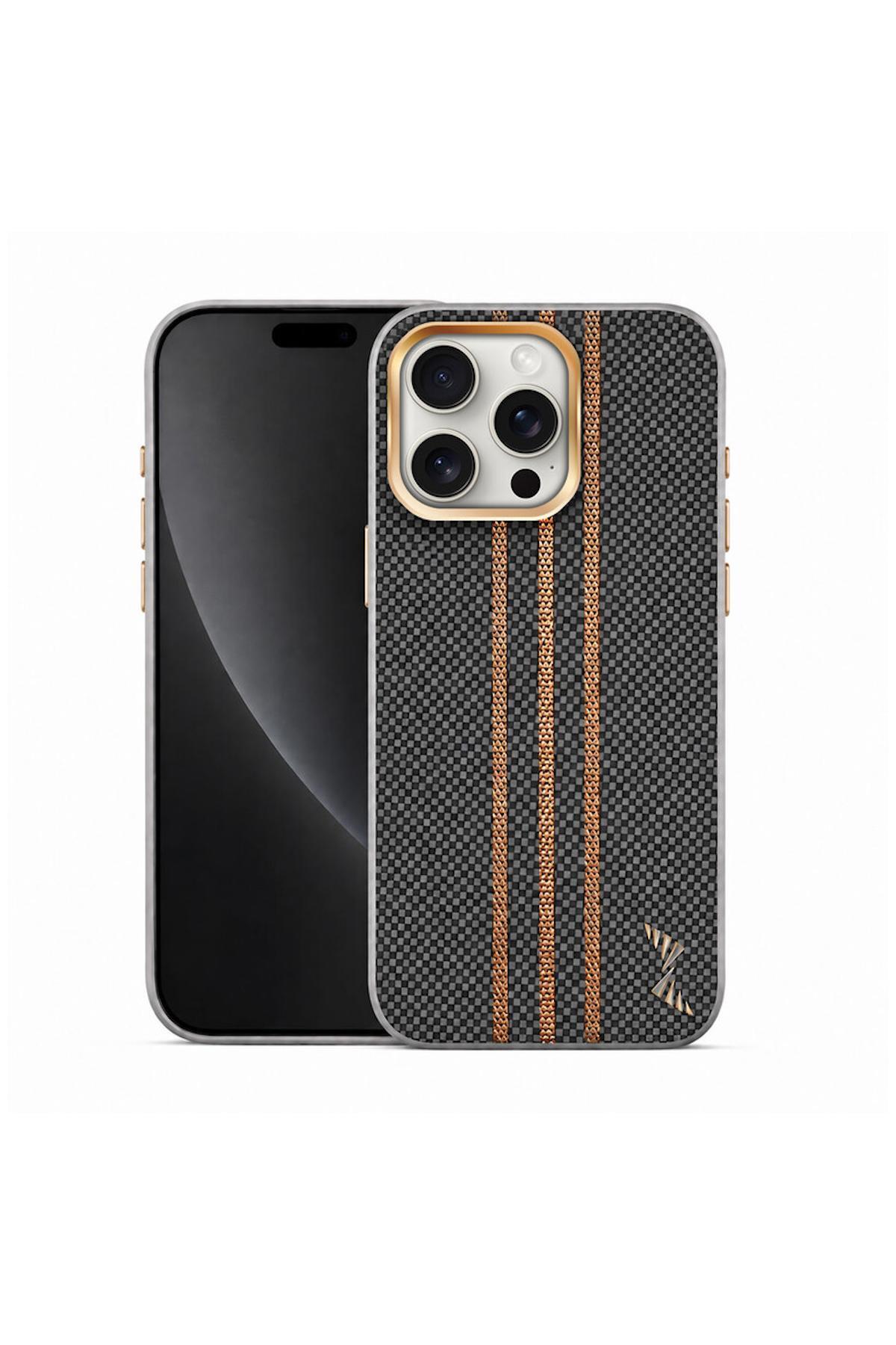 کاور و قاب APPLE IPHONE 15 PRO COMPATIBLE CASE GOLDRIX CARBON FIBER M SAFE GRAY اورجینال Zebana