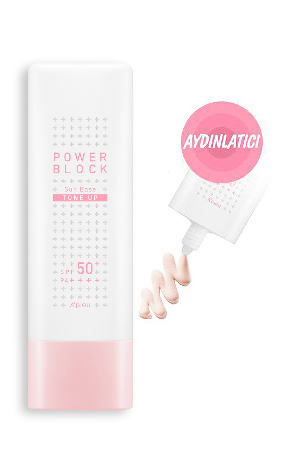 کرم ضدآفتاب تون آپ روشن‌کننده صورتی A'pieu Power Block - SPF50+ PA++++ حجم ۵۰ میلی‌لیتر