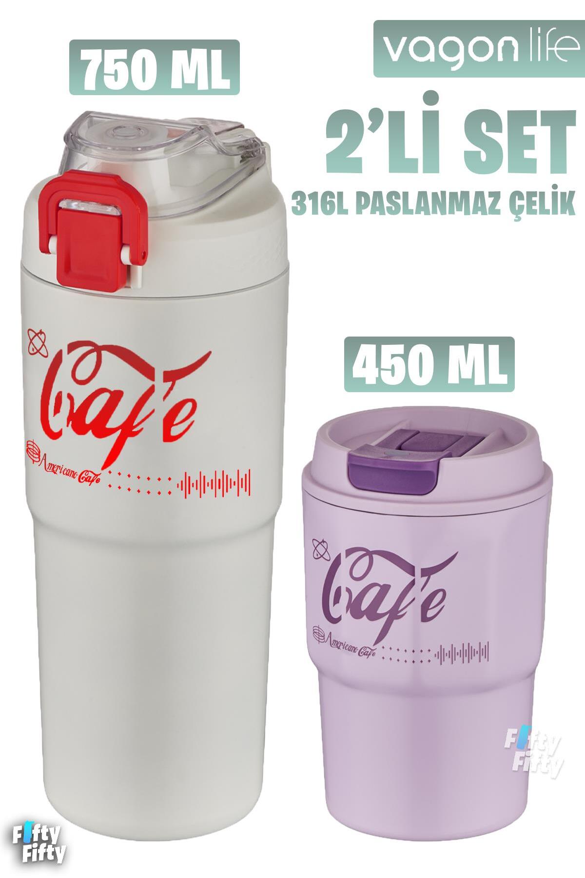 فلاسک مجموعه 2 عدد فنجان قمقمه استیل 750 میلی لیتری دو منظوره قهوه فنجانی 450 اورجینال Vagonlife