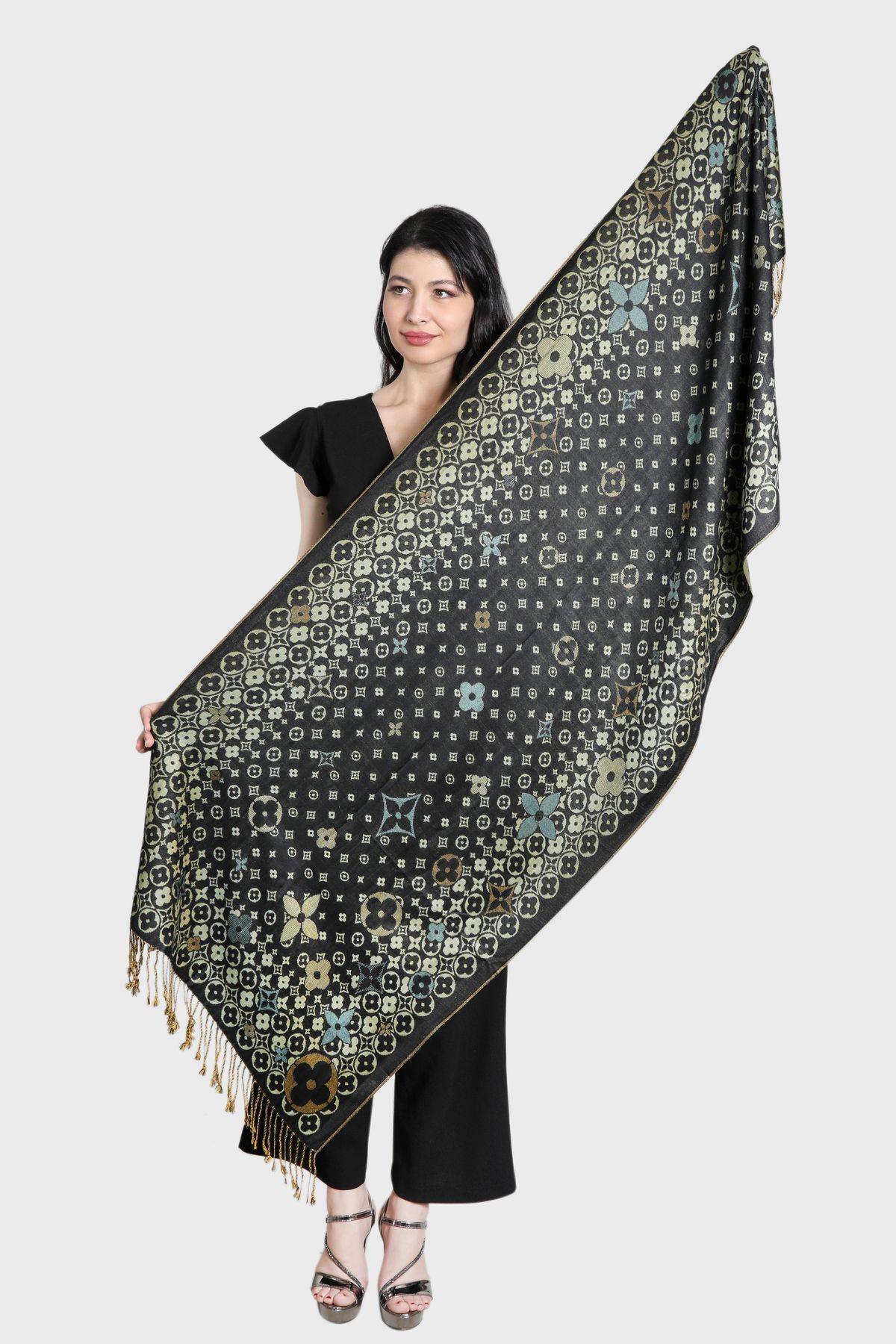 شال پشمینه میستیک Mystic، مدل MS-349، قهوه‌ای تیره و بژ