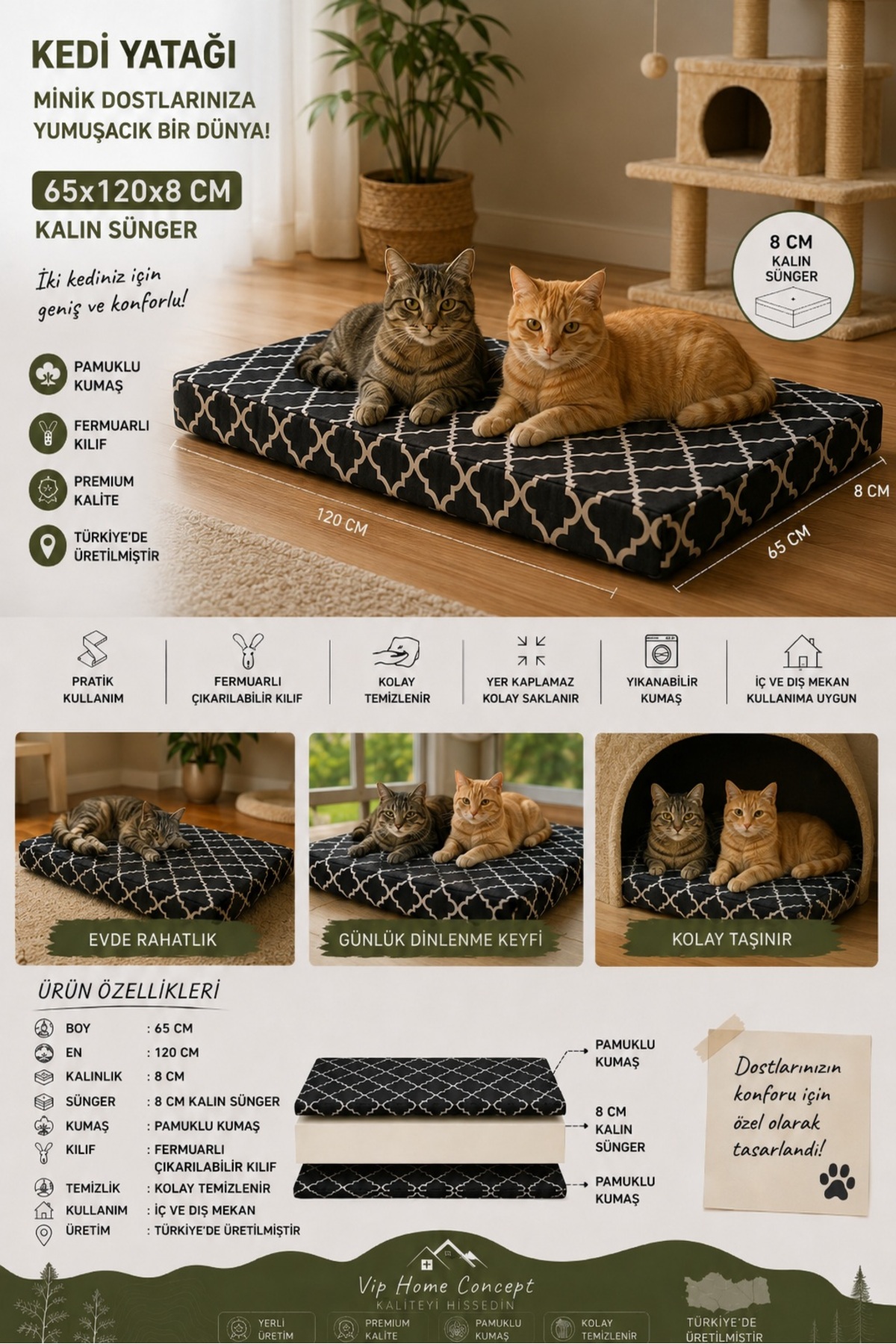 جای خواب سگ نژاد بزرگ وی‌آی‌پی هوم کانسپت مارکت اورونلری Vip Home Concept Market Ürünleri، مدل XL، ۶۵×۱۲۰×۸ سانتی‌متر مشکی