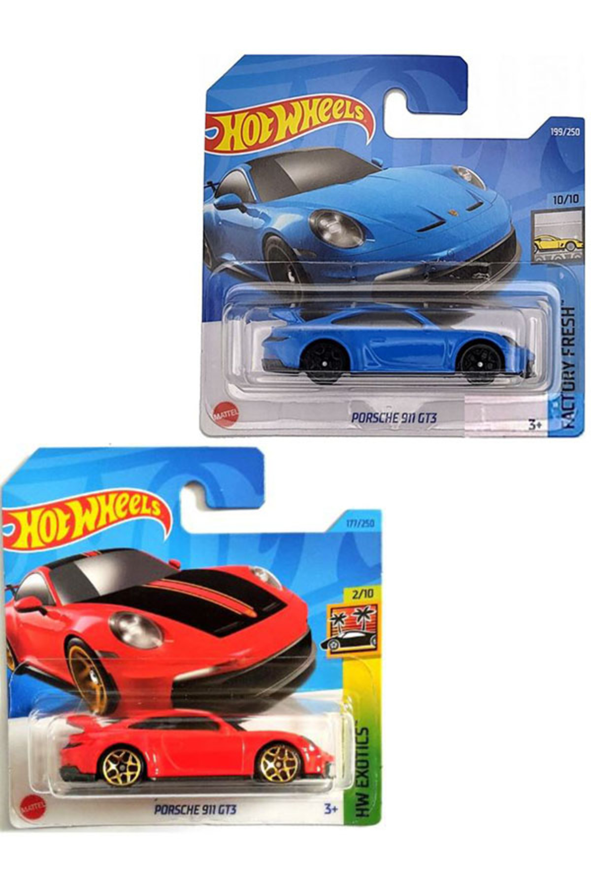 ماشین اسباب بازی مجموعه اتومبیل پورشه 911 GT3 آبی و قرمز 2 1:64 هات ویلز اورجینال HOT WHEELS
