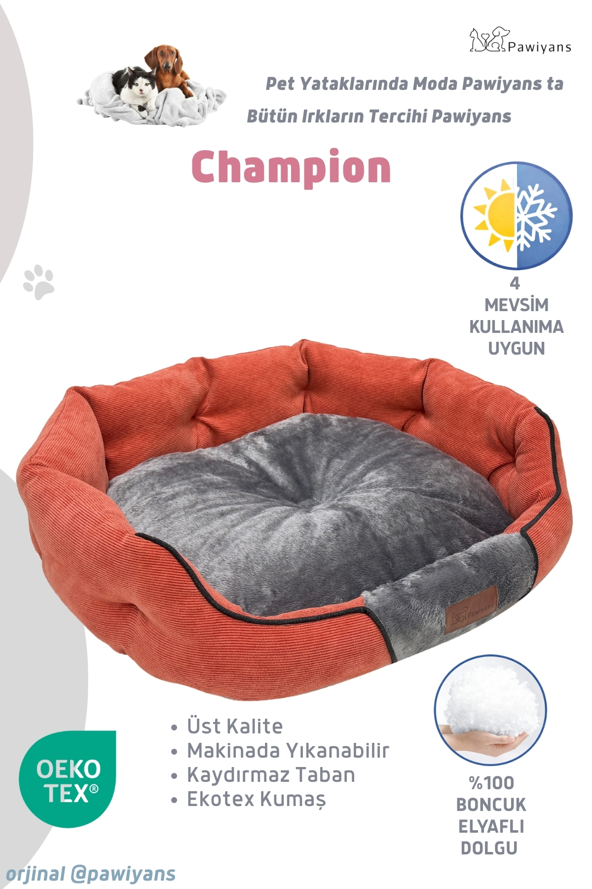 تخت بالش‌مانند گربه و سگ پاویانس PAWİYANS Champion Box مدل P120، پارچه نرم و الیاف ۱۰۰٪ چندرنگ