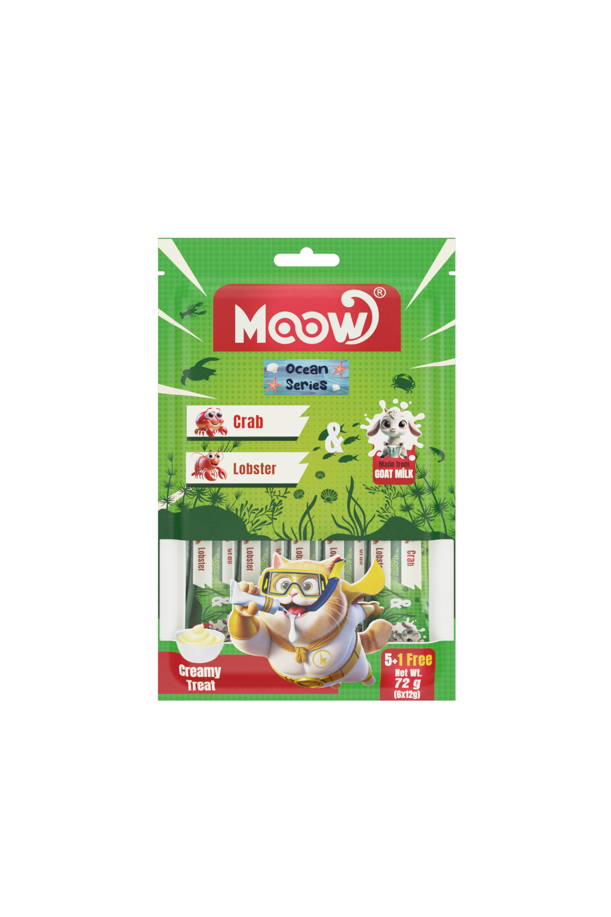 تشویقی کرمی گربه موو MOOW با خرچنگ، لابستر و شیر بز، ۱۲ گرم × ۶ عدد