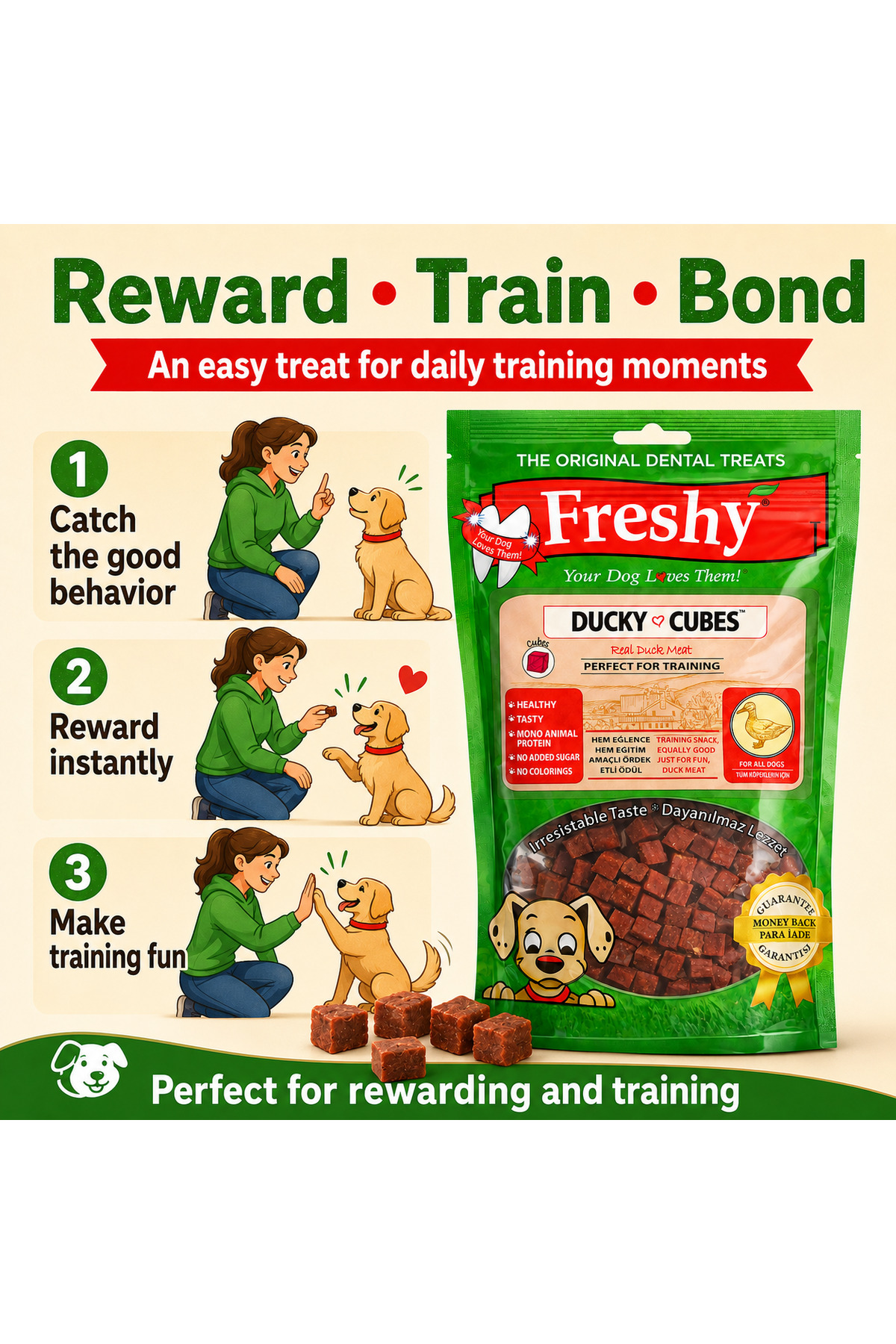 تشویقی مکعبی سگ Ducky Cubes از فرشی Freshy، با طعم اردک و خرگوش، ۸۰ گرم