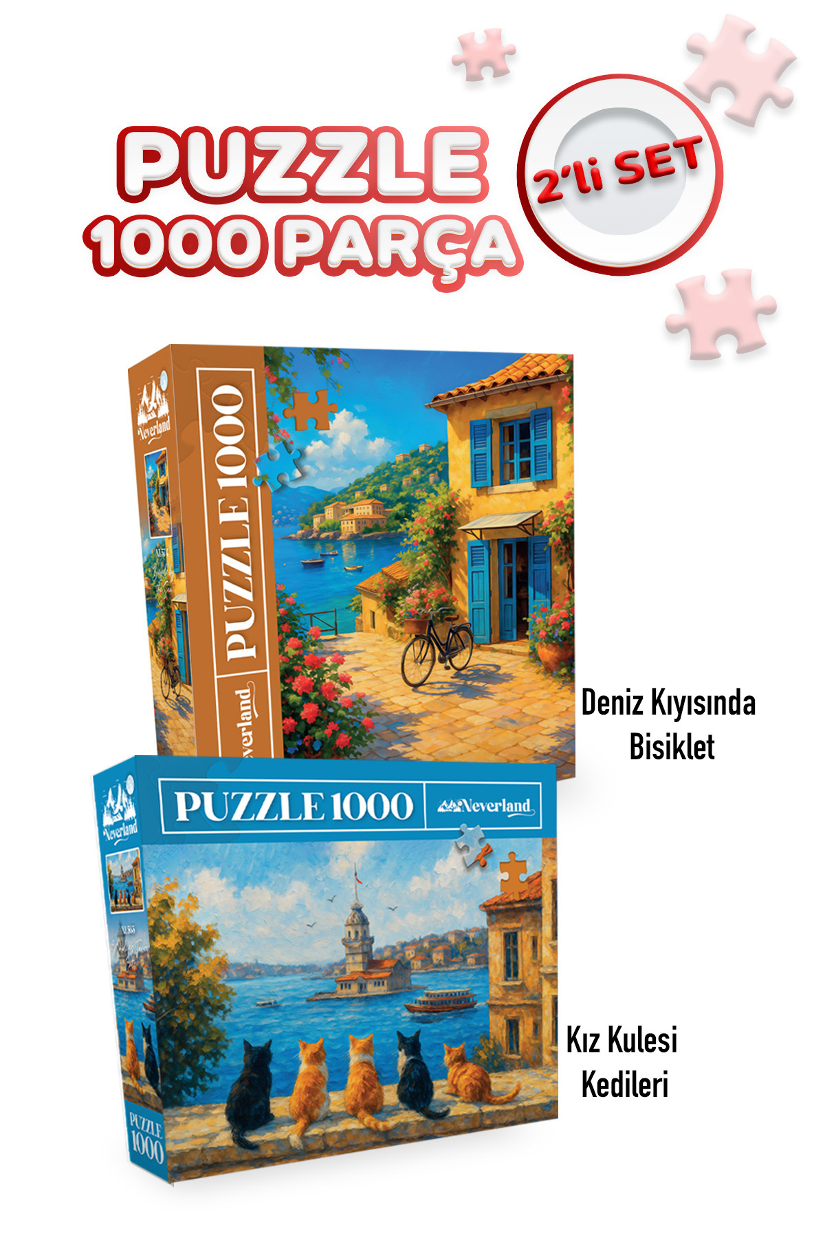 پازل 2 PIECES OF 1000 MAIDEN'S TOWER CATS و دوچرخه در ساحل دریا Neverland