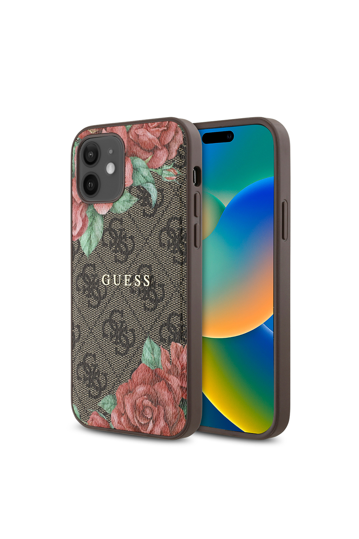 کاور و قاب IPHONE 12 CASE GUESS دارای ویژگی شارژ MAGSAFE مجوز رز طرح دار با 4G لوگوی متنی قهوه ای اورجینال Guess