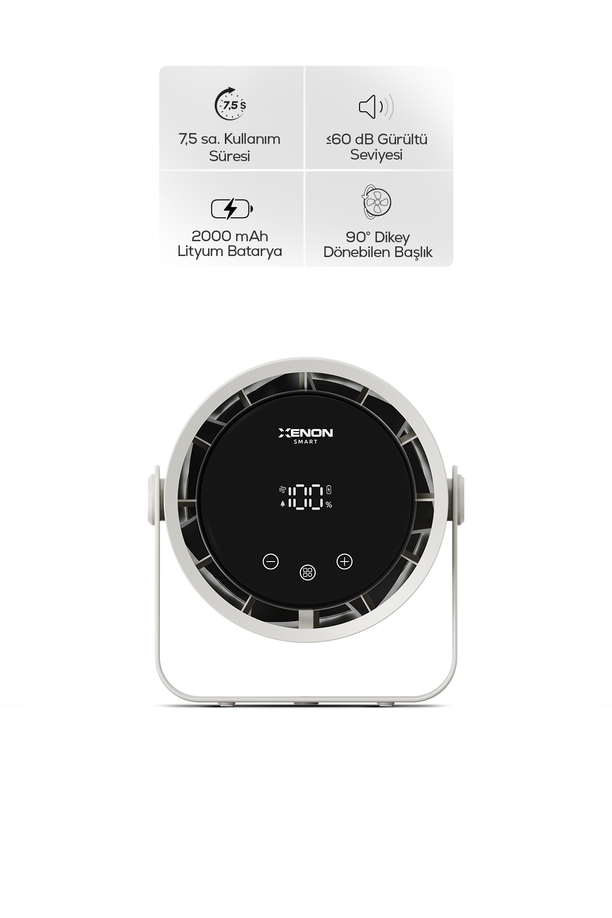 پنکه رومیزی قابل‌حمل زنون اسمارت Xenon Smart مدل X6113، سفید، شارژی با نمایشگر لمسی