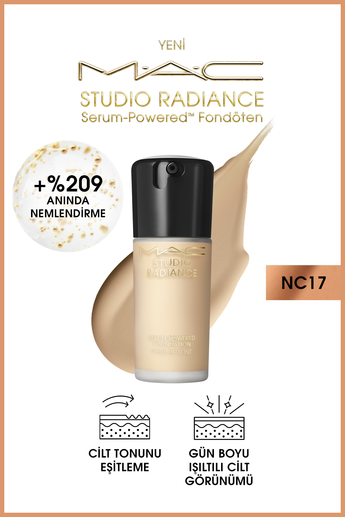 Mac کرم پودر سرمی Studio Radiance حاوی مواد مغذی پوست شماره NC17 حجم 30میل