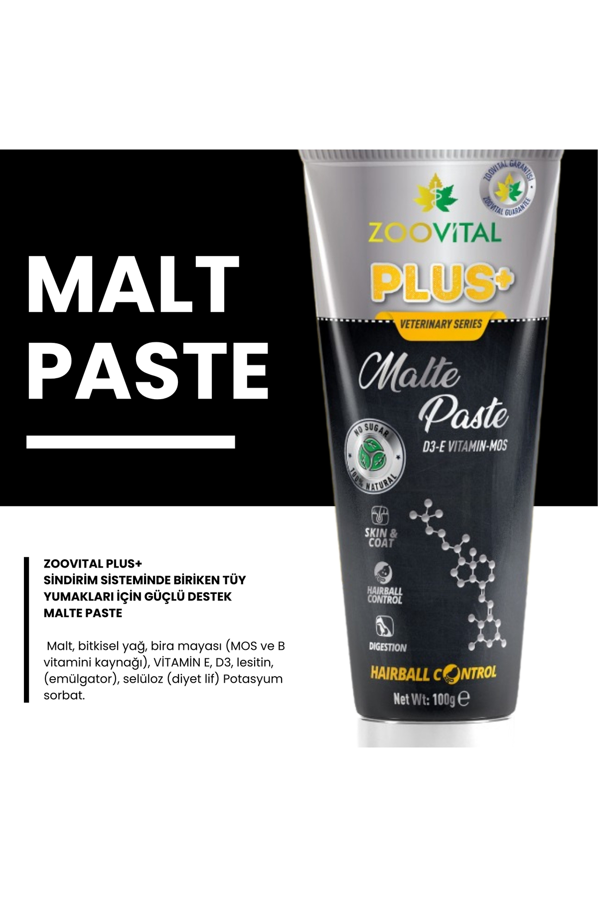 خمیر مالت گربه زوویتال Zoovital Plus، ۱۰۰ گرم، حاوی ویتامین D3 و E