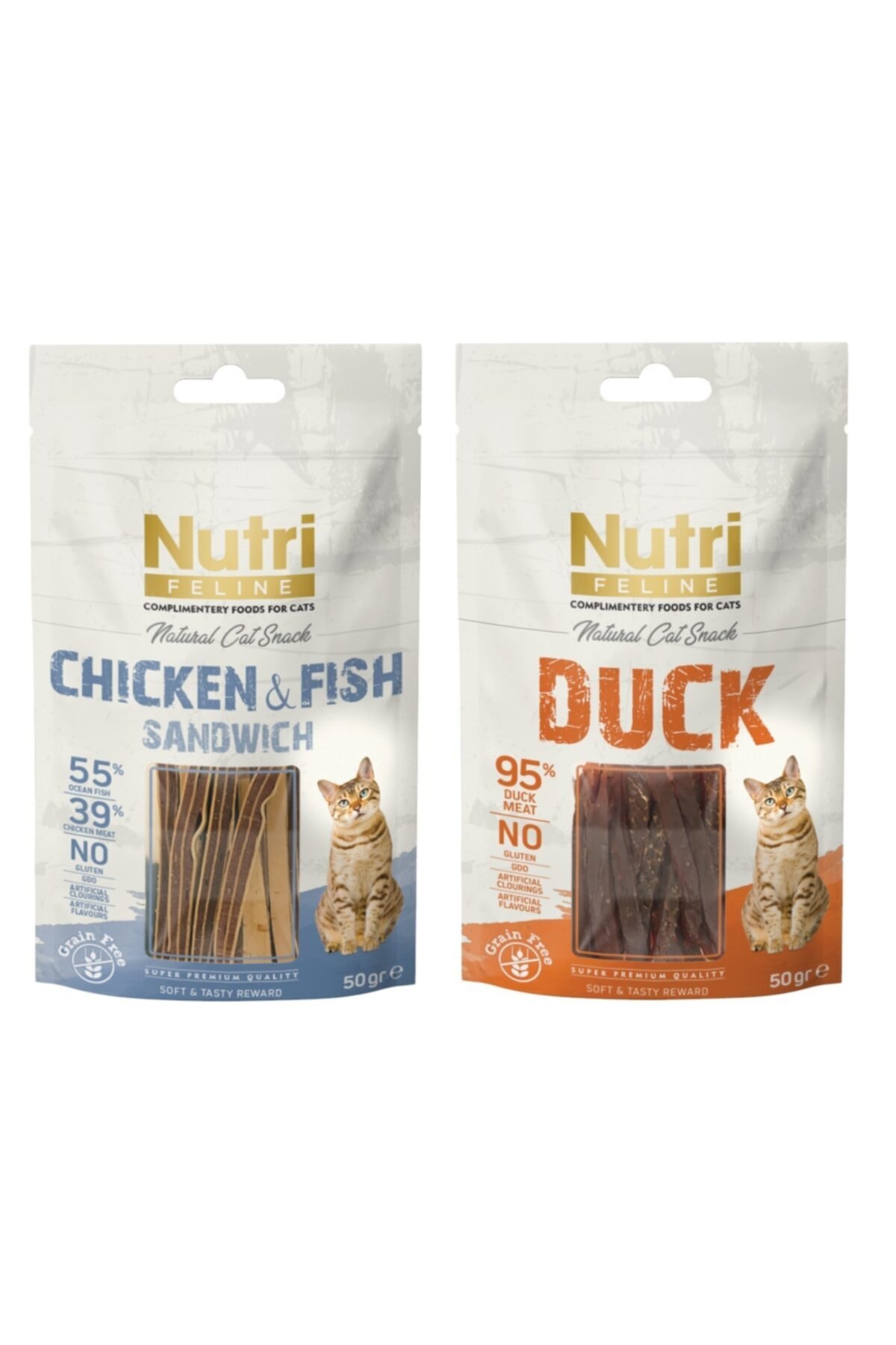 تشویقی گربه نوتری فیلاین Nutri Feline، گوشت اردک، تن و مرغ با طعم‌دهنده سبزیجات، ۵۰ گرم × ۲