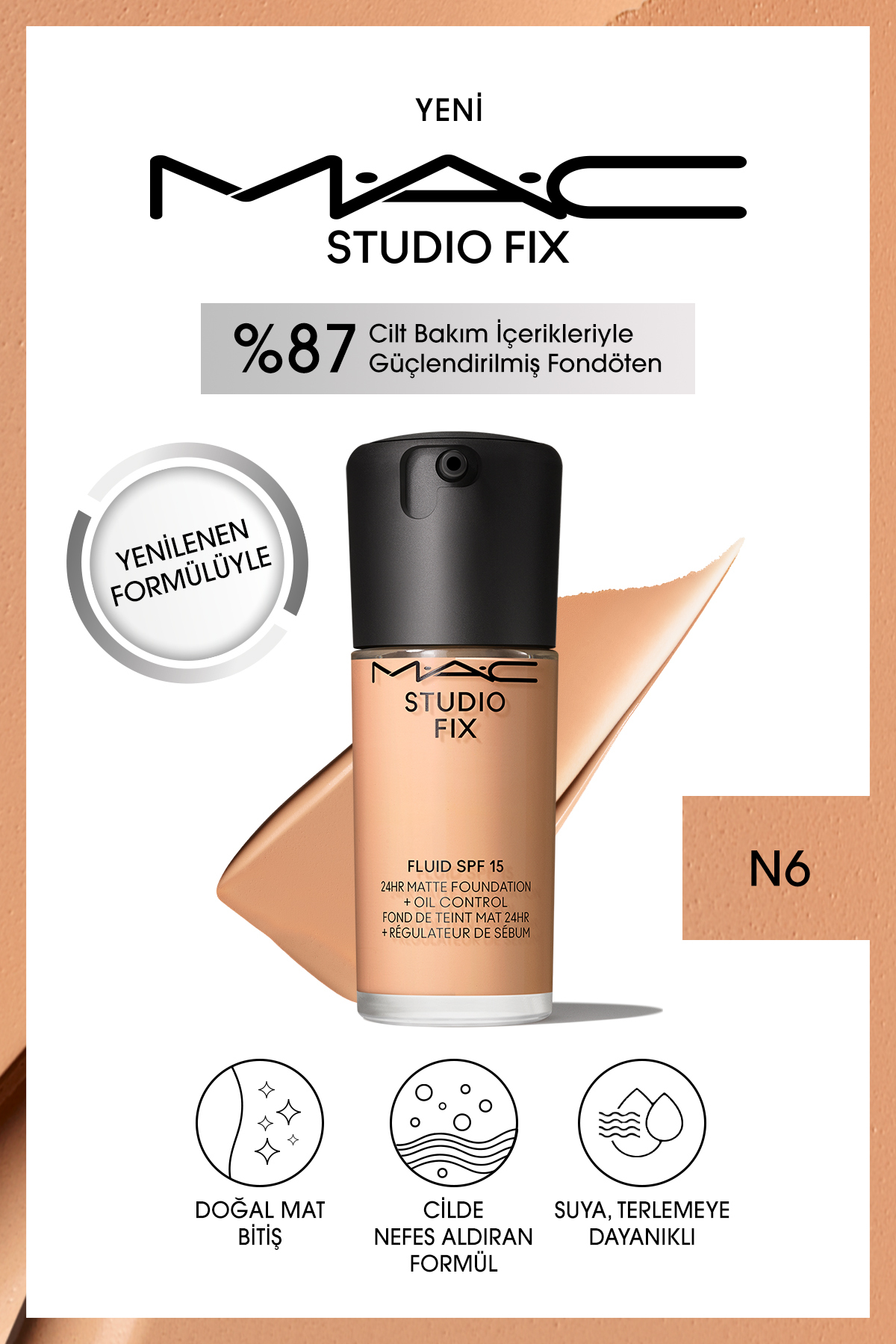 کرم پودر استودیو FIX FLUID SPF 15 FOUNDATION N 6 30 ML Mac