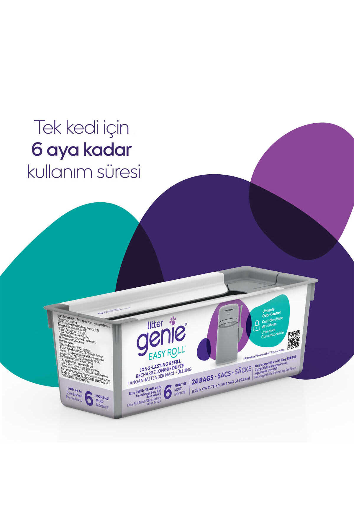کیسه یدک مخزن پسماند خاک گربه لیتر جینی Litter Genie Easy Roll، خاکستری، با مصرف شش‌ماهه