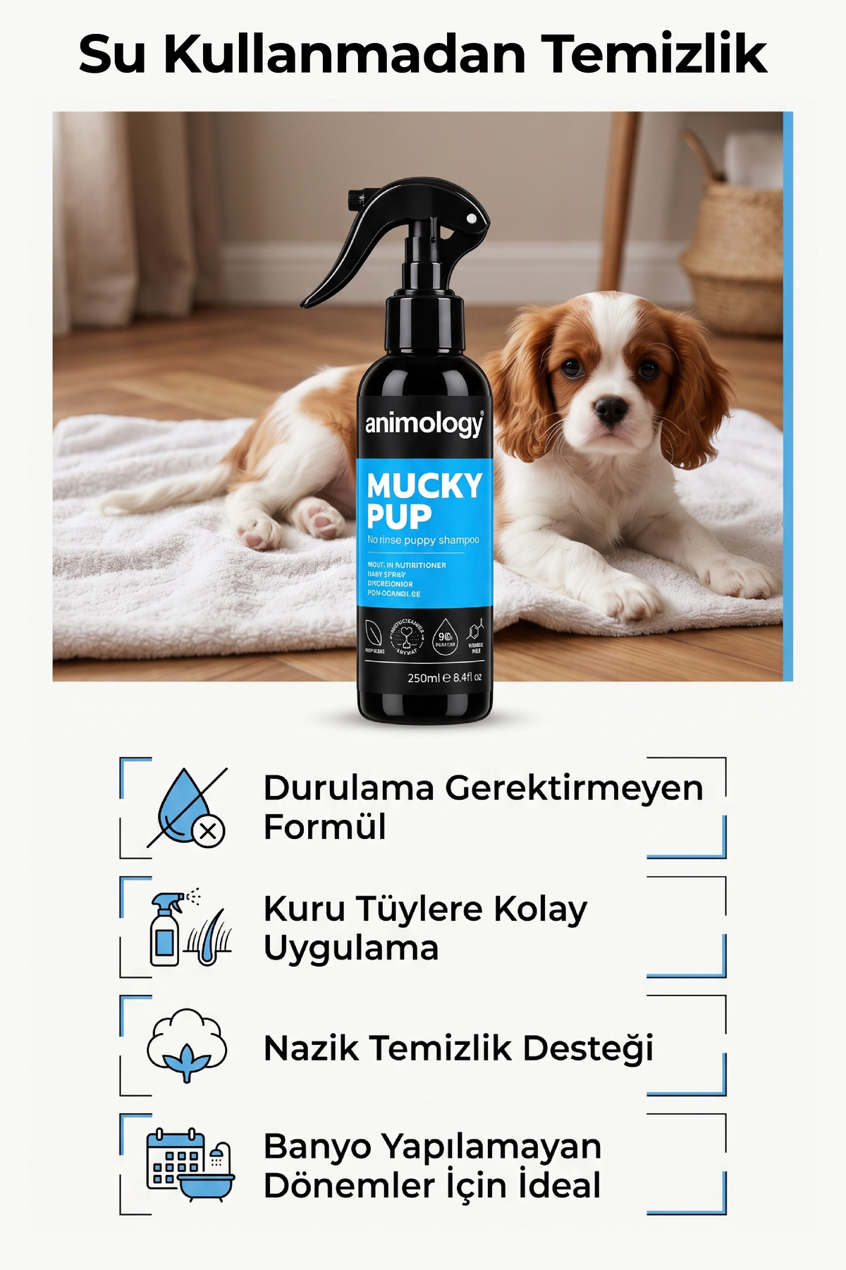 شامپوی اسپری توله‌سگ انیمولوژی Animology Mucky Pup بدون نیاز به آبکشی، ۲۵۰ میلی‌لیتر