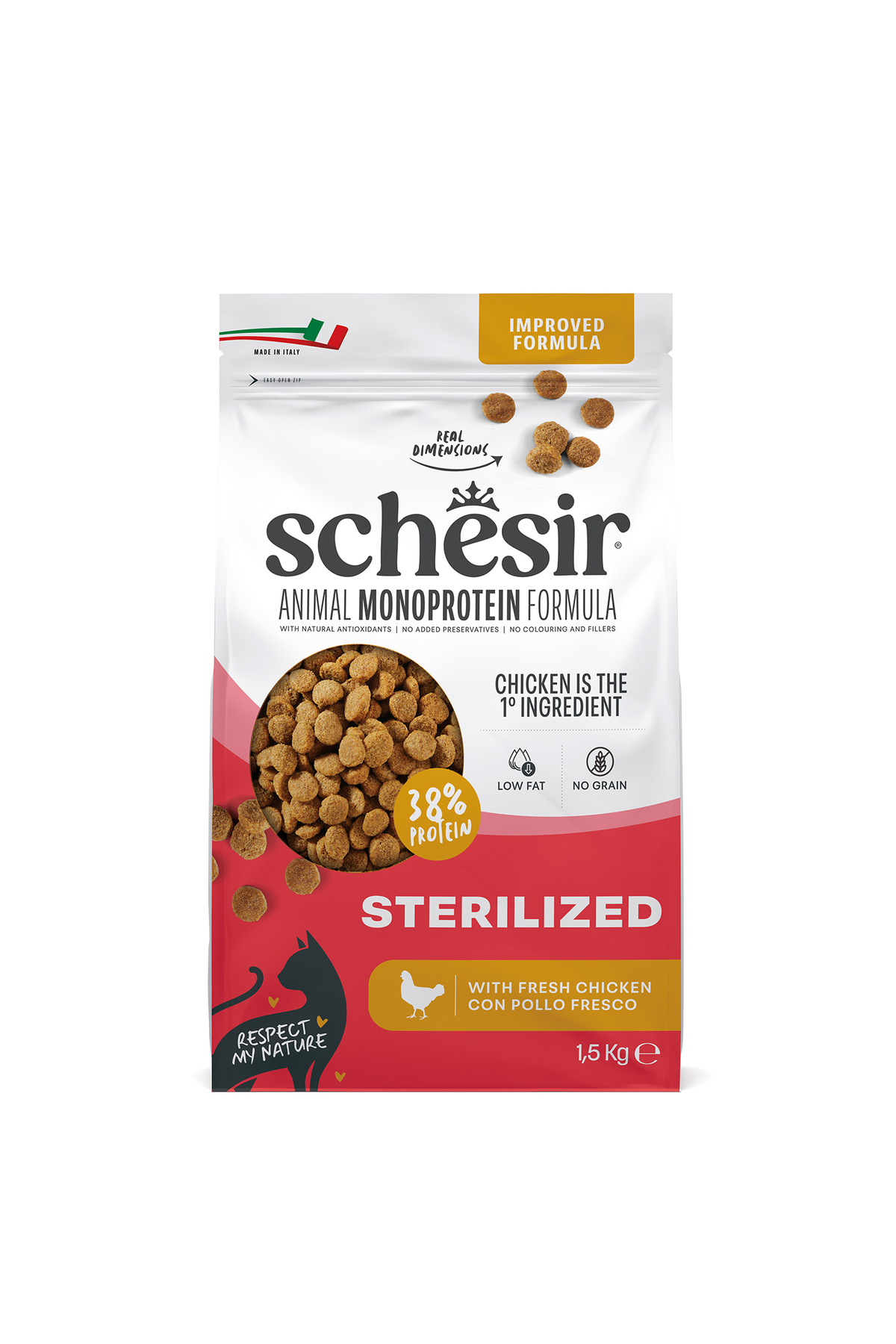 غذای خشک گربه بالغ عقیم‌شده تک‌پروتئین مرغ شسیر Schesir، ۱٫۵ کیلوگرم 1,5 kg