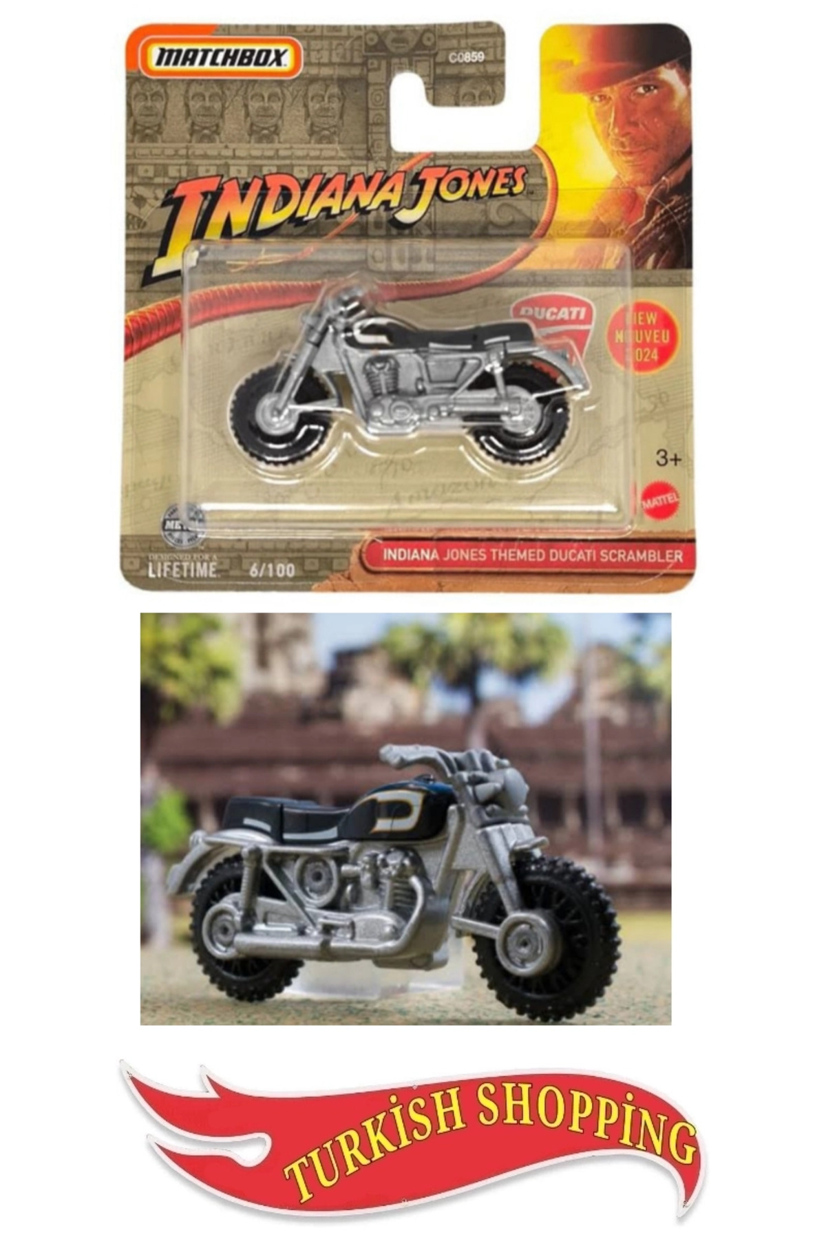 ماشین اسباب بازی موتور اسکرامبلر دوکاتی با مضمون ایندیانا جونز HOT WHEELS