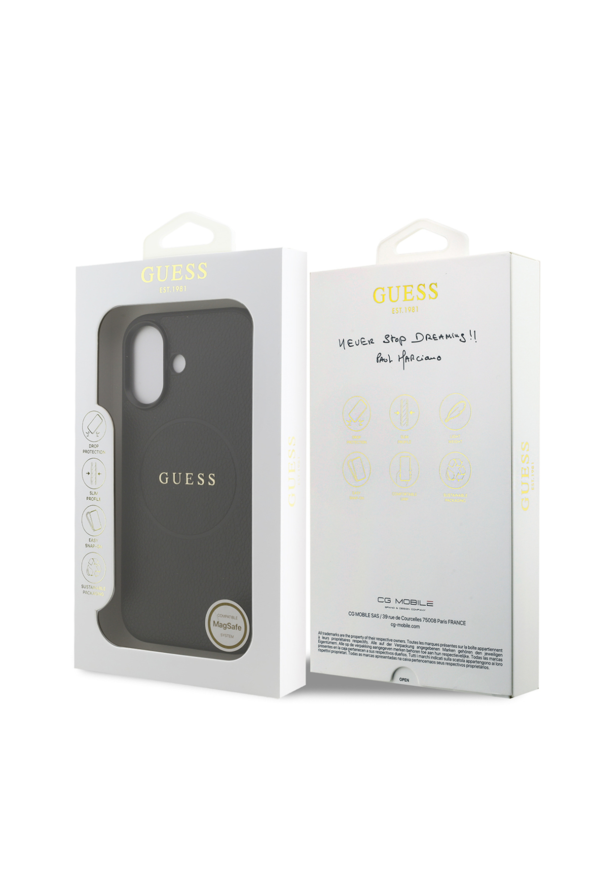 کاور و قاب سازگار با IPHONE 17 اصل دارای مجوز شارژ M SAFE پوشش چرمی PU لوگوی متنی مشکی اورجینال Guess