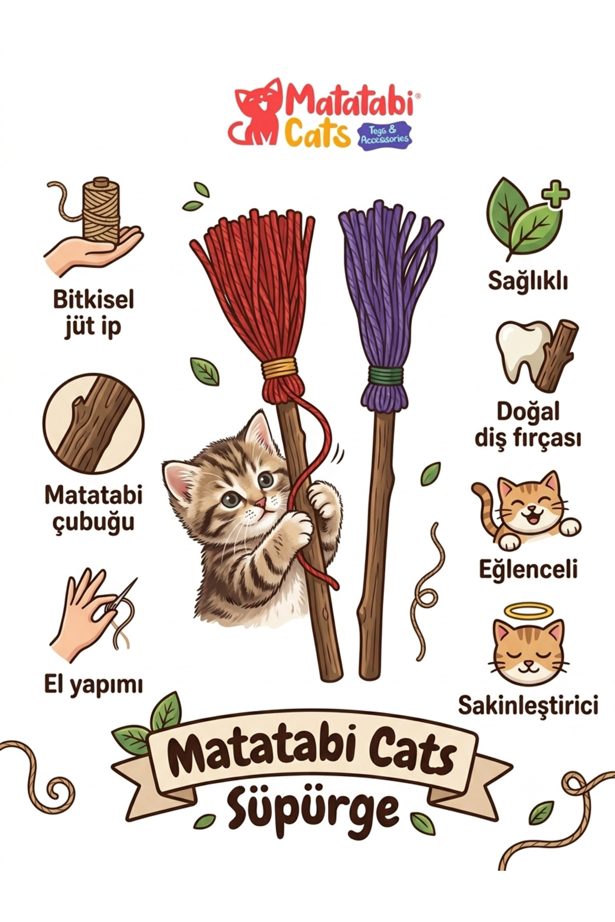 اسباب‌بازی جویدنی گربه ماتاتابی کتس MATATABİ CATS، ۲ چوب طبیعی بنددار قرمز